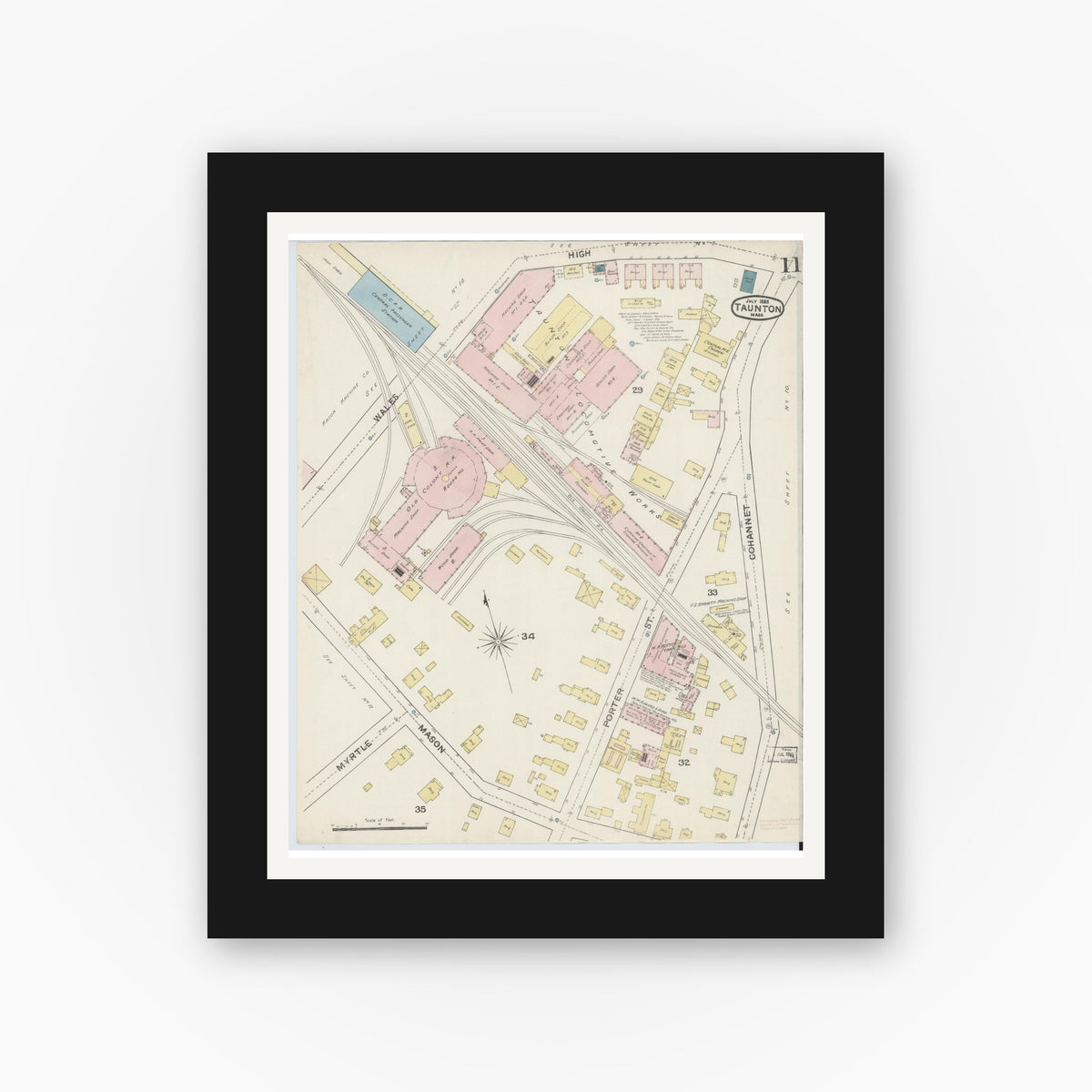 Old map wall art mockup — black gallery frame with white mat — Sanborn Fire Insurance Map from Taunton, Bristol County, Massachusetts (1888), Sheet #0011