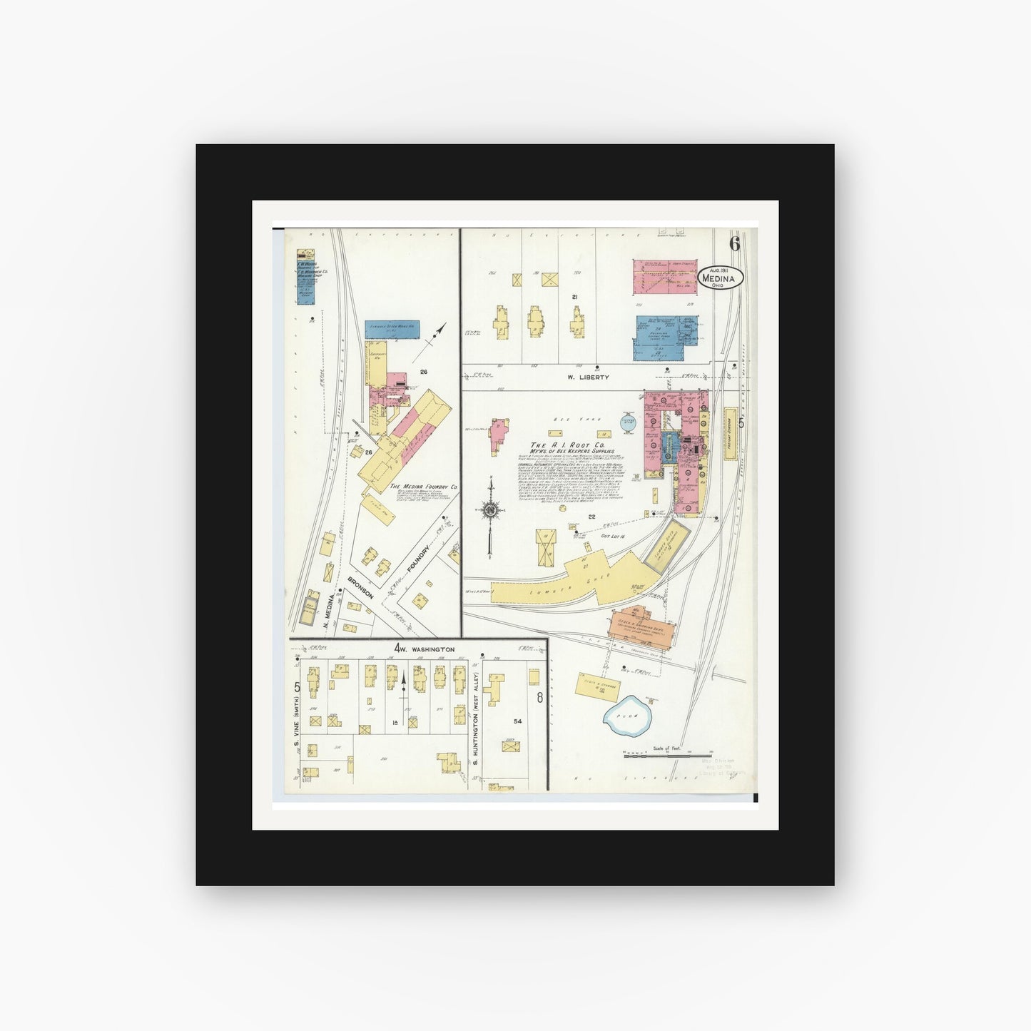 Old map wall art mockup — black gallery frame with white mat — Sanborn Fire Insurance Map from Medina, Medina County, Ohio (1911), Sheet #0006