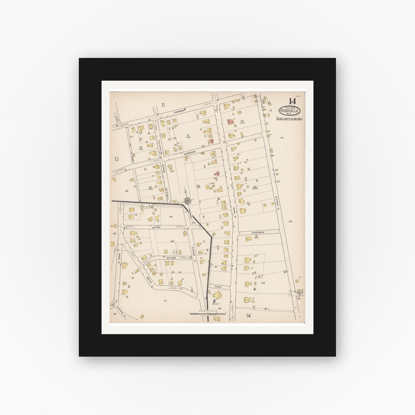 Old map wall art mockup — black gallery frame with white mat — Sanborn Fire Insurance Map from Reidsville, Rockingham County, North Carolina (1922), Sheet #0014