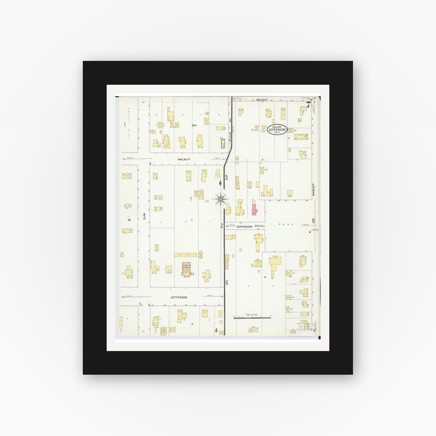 Old map wall art mockup — black gallery frame with white mat — Sanborn Fire Insurance Map from Jefferson, Ashtabula County, Ohio (1909), Sheet #0007