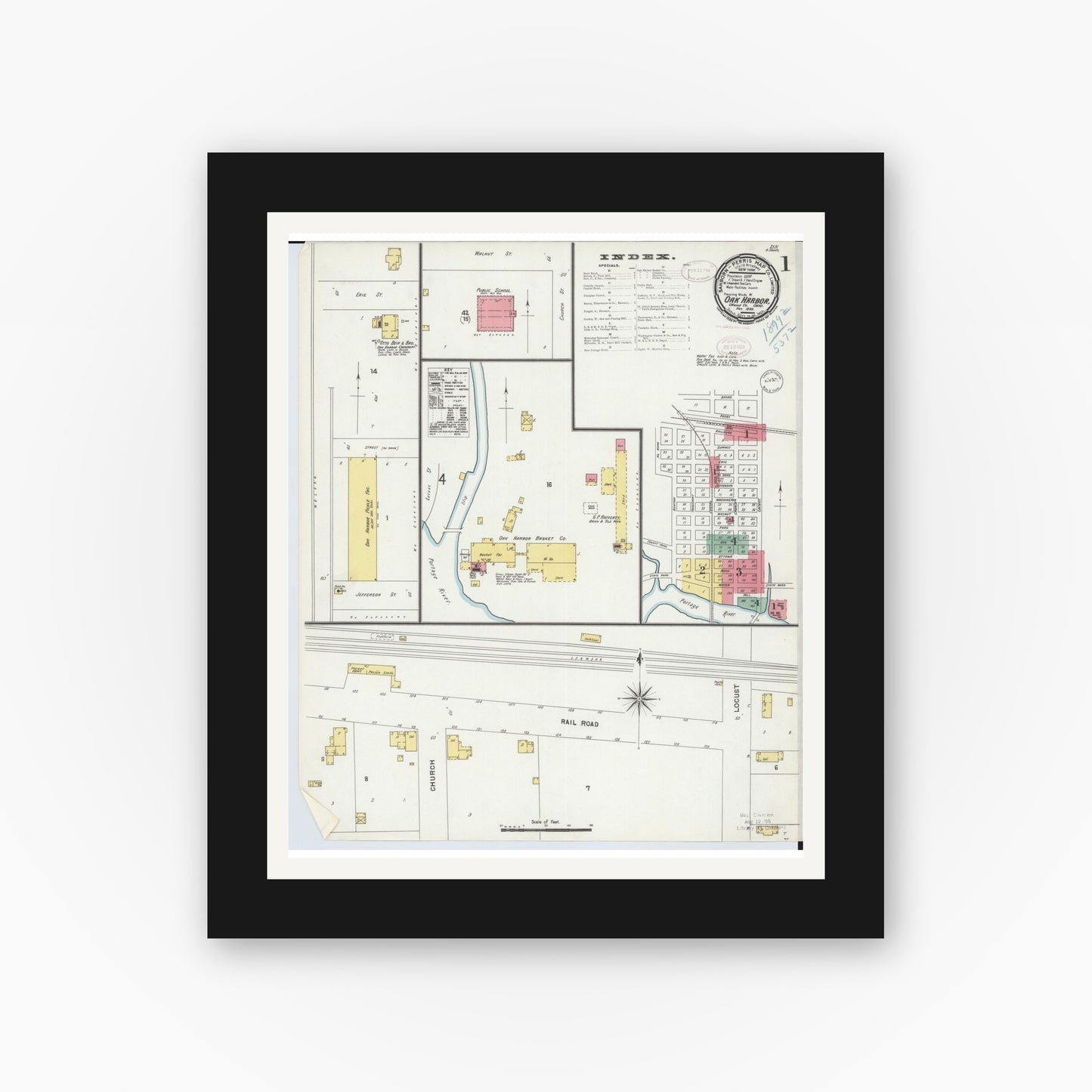 Old map wall art mockup — black gallery frame with white mat — Sanborn Fire Insurance Map from Oak Harbor, Ottawa County, Ohio (1898) - Complete Map Set