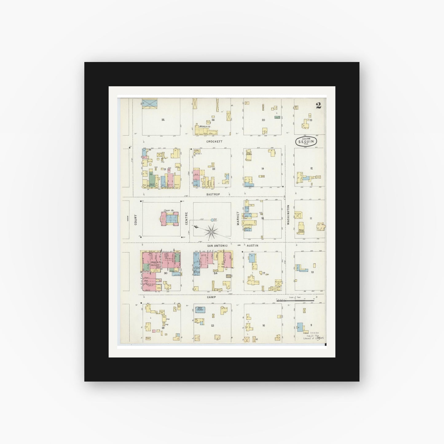 Old map wall art mockup — black gallery frame with white mat — Sanborn Fire Insurance Map from Seguin, Guadalupe County, Texas (1896), Sheet #0002