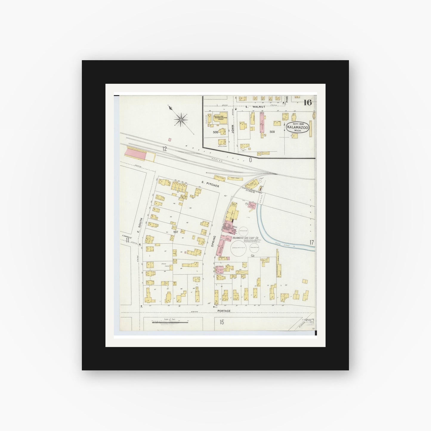 Old map wall art mockup — black gallery frame with white mat — Sanborn Fire Insurance Map from Kalamazoo, Kalamazoo County, Michigan (1896), Sheet #0016