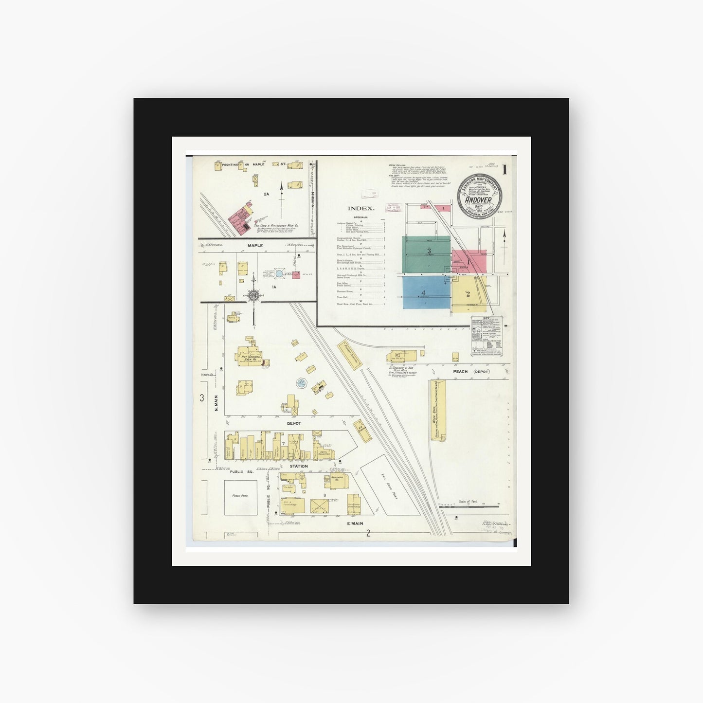 Old map wall art mockup — black gallery frame with white mat — Sanborn Fire Insurance Map from Andover, Ashtabula County, Ohio (1911) - Complete Map Set