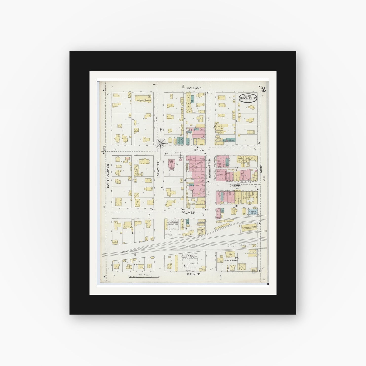 Old map wall art mockup — black gallery frame with white mat — Sanborn Fire Insurance Map from Rochelle, Ogle County, Illinois (1893), Sheet #0002