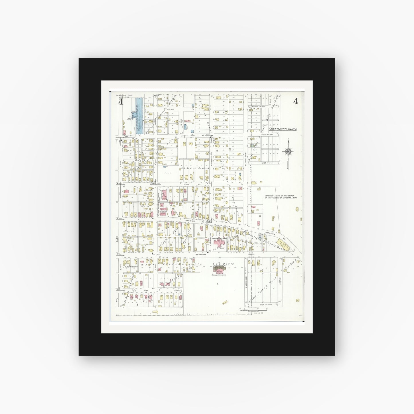Old map wall art mockup — black gallery frame with white mat — Sanborn Fire Insurance Map from Harrison, Hamilton County, Ohio (1938), Sheet #0004