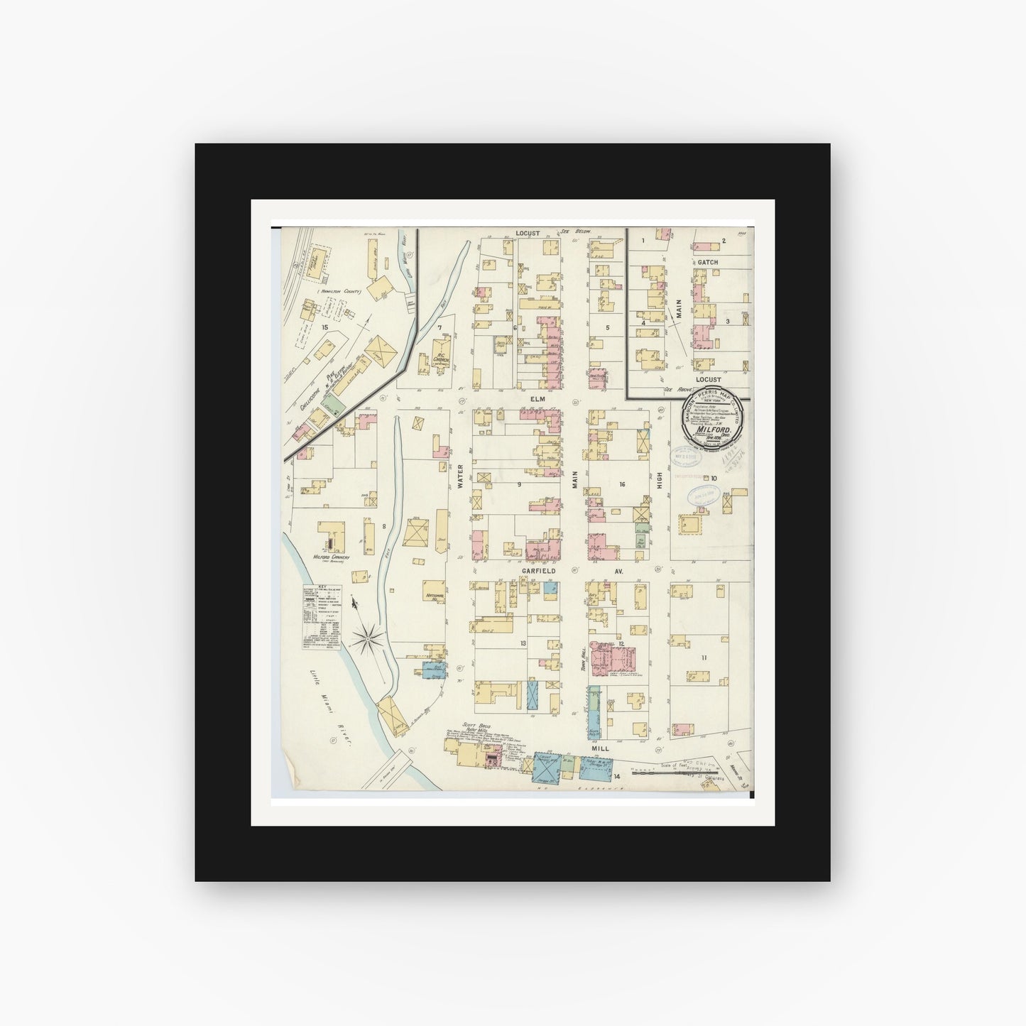 Old map wall art mockup — black gallery frame with white mat — Sanborn Fire Insurance Map from Milford, Clermont And Hamilton County, Ohio (1898), Sheet #0001