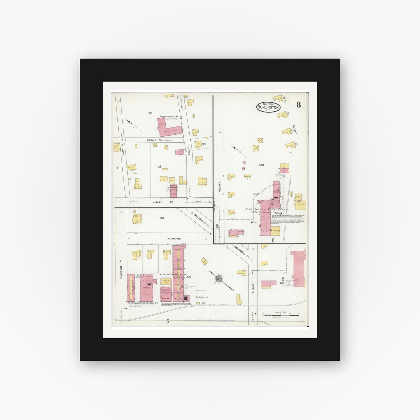 Old map wall art mockup — black gallery frame with white mat — Sanborn Fire Insurance Map from Burlington, Alamance County, North Carolina (1918), Sheet #0008