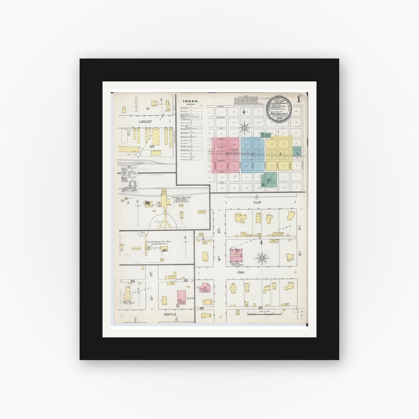 Old map wall art mockup — black gallery frame with white mat — Sanborn Fire Insurance Map from Fairbury, Livingston County, Illinois (1892) - Complete Map Set