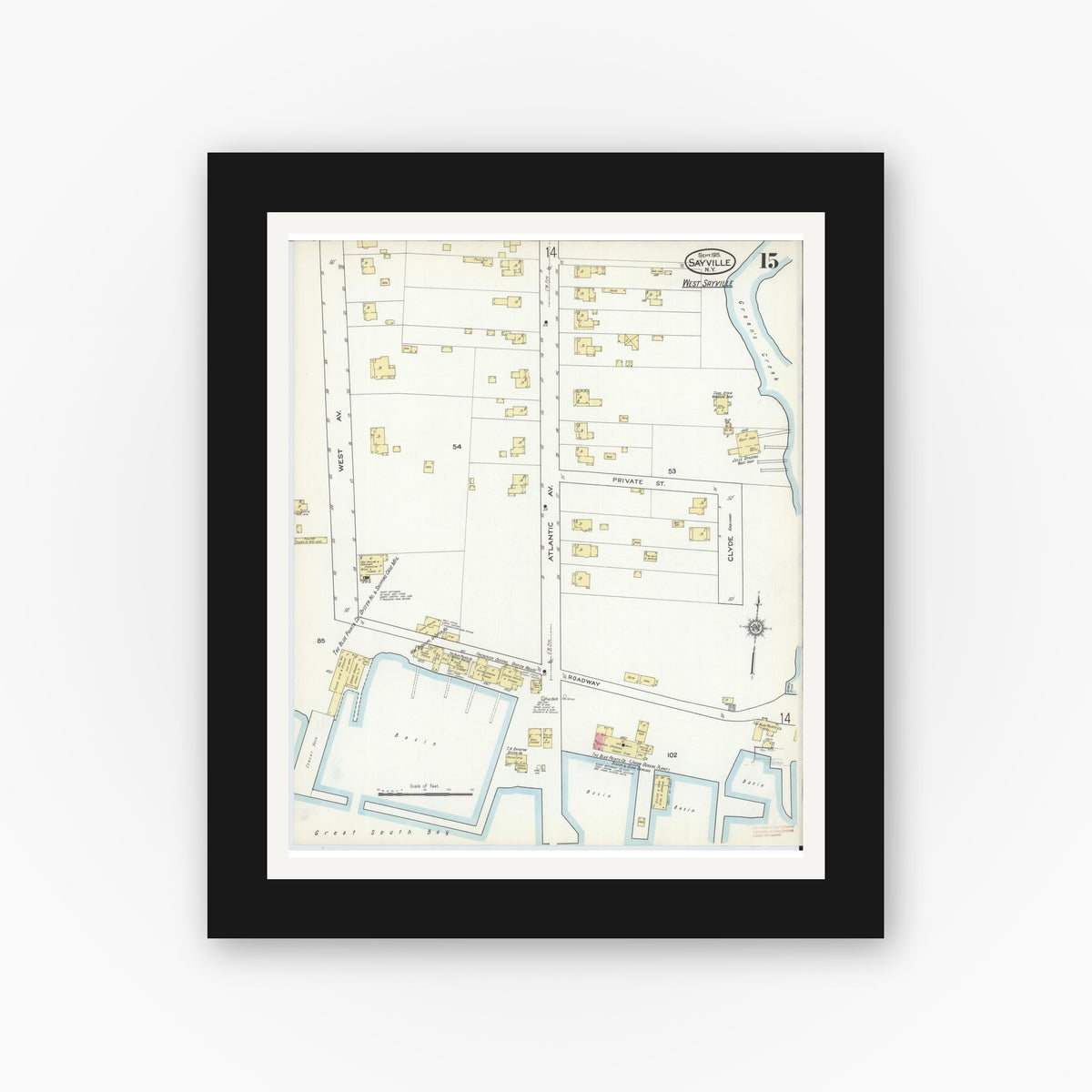 Old map wall art mockup — black gallery frame with white mat — Sanborn Fire Insurance Map from Sayville, Suffolk County, New York (1915), Sheet #0015