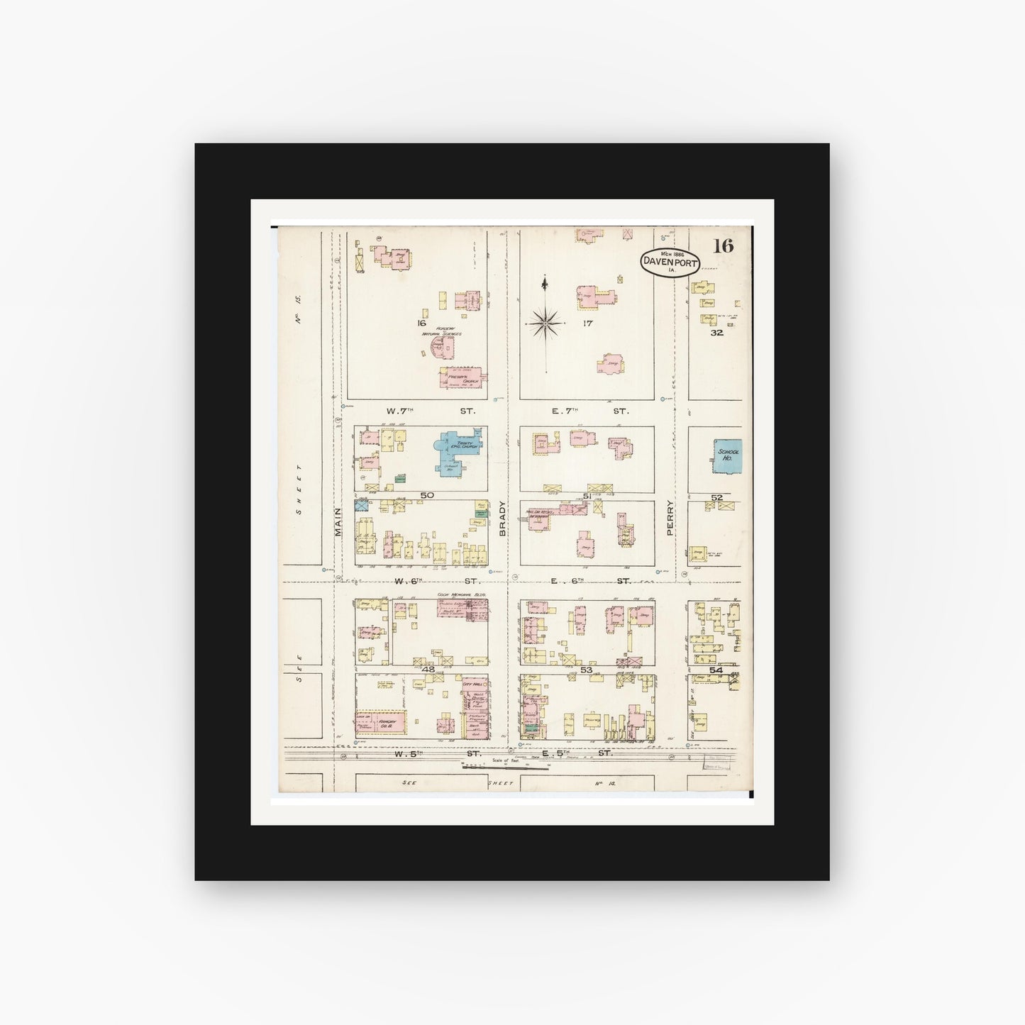 Old map wall art mockup — black gallery frame with white mat — Sanborn Fire Insurance Map from Davenport, Scott County, Iowa (1886), Sheet #0016