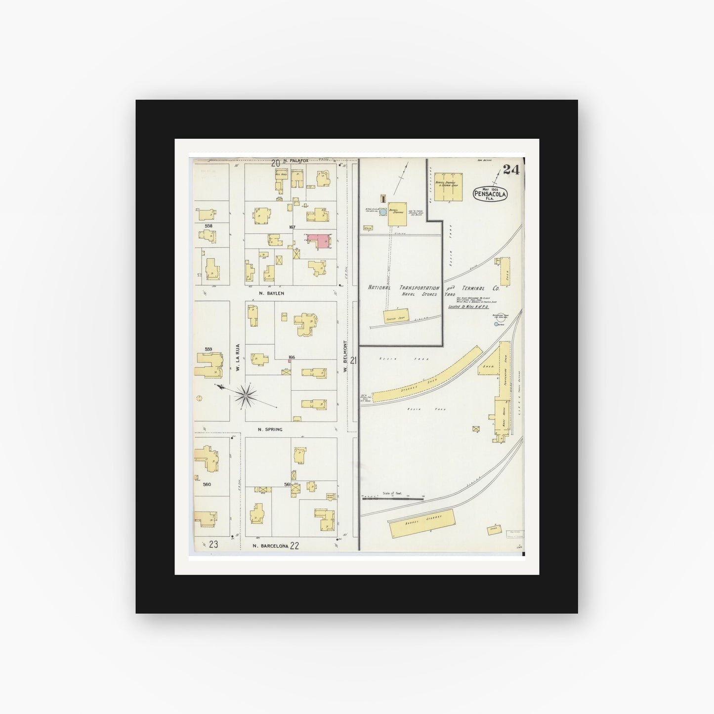 Old map wall art mockup — black gallery frame with white mat — Sanborn Fire Insurance Map from Pensacola, Escambia County, Florida (1903), Sheet #0024