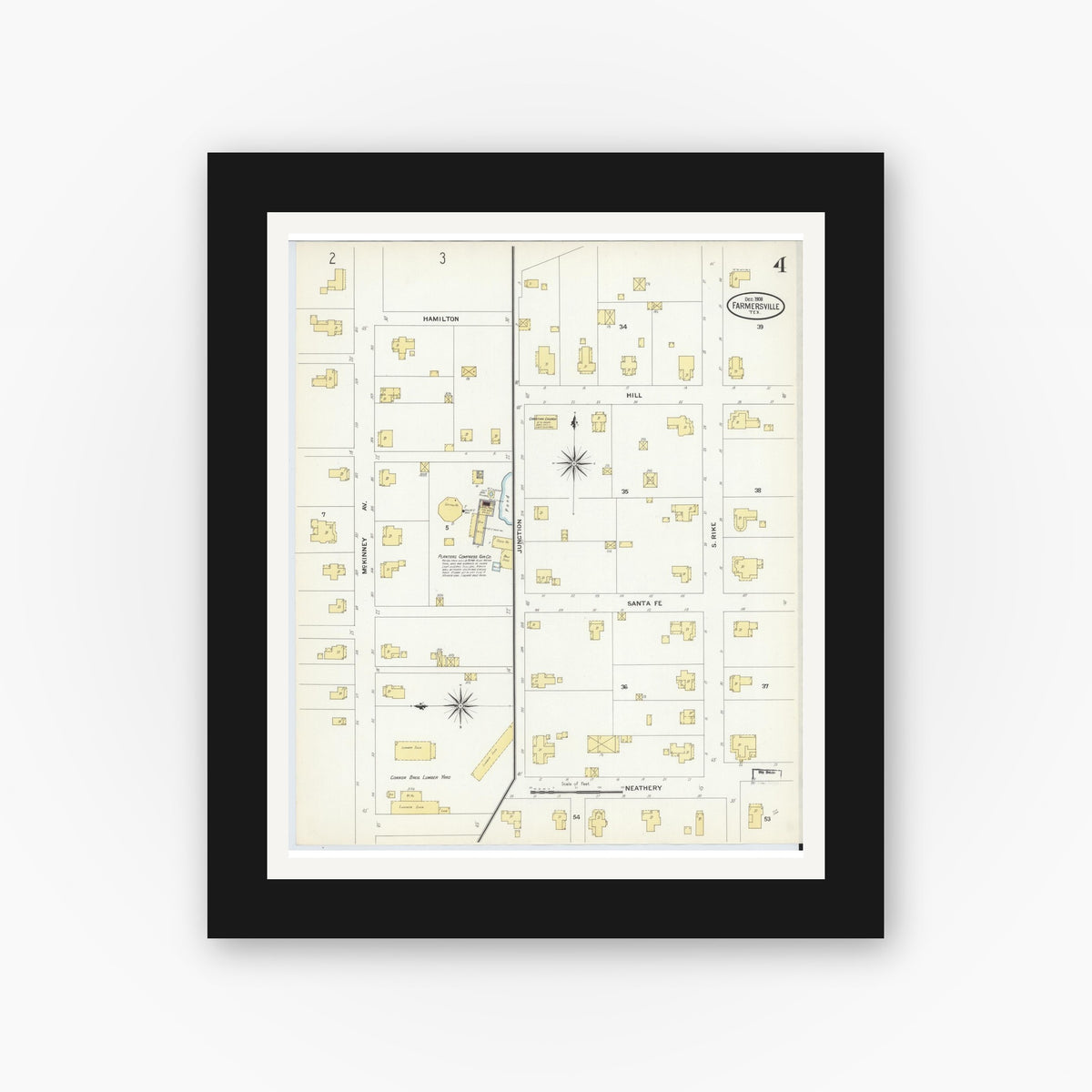 Old map wall art mockup — black gallery frame with white mat — Sanborn Fire Insurance Map from Farmersville, Collin County, Texas (1908), Sheet #0004