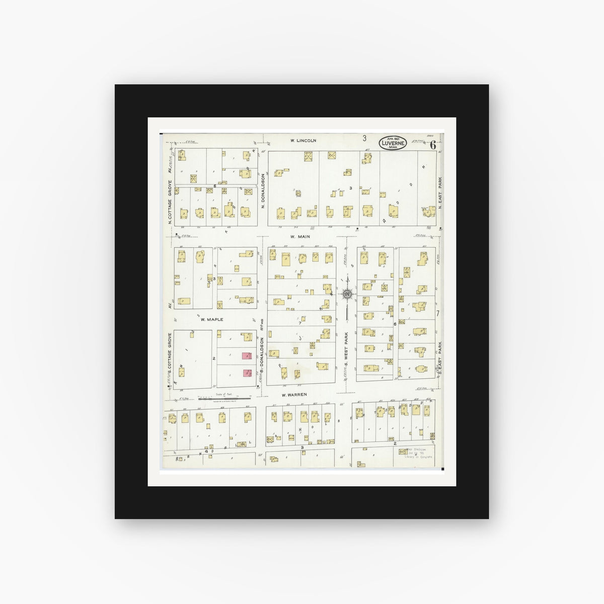 Old map wall art mockup — black gallery frame with white mat — Sanborn Fire Insurance Map from Luverne, Rock County, Minnesota (1921), Sheet #0006