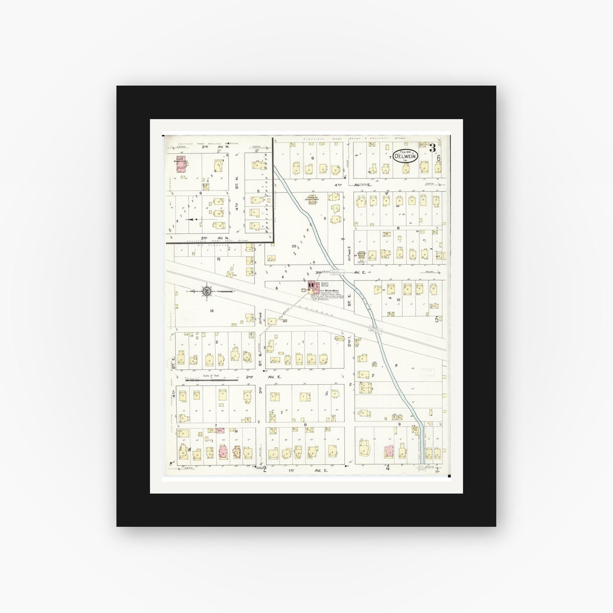 Old map wall art mockup — black gallery frame with white mat — Sanborn Fire Insurance Map from Oelwein, Fayette County, Iowa (1914), Sheet #0003