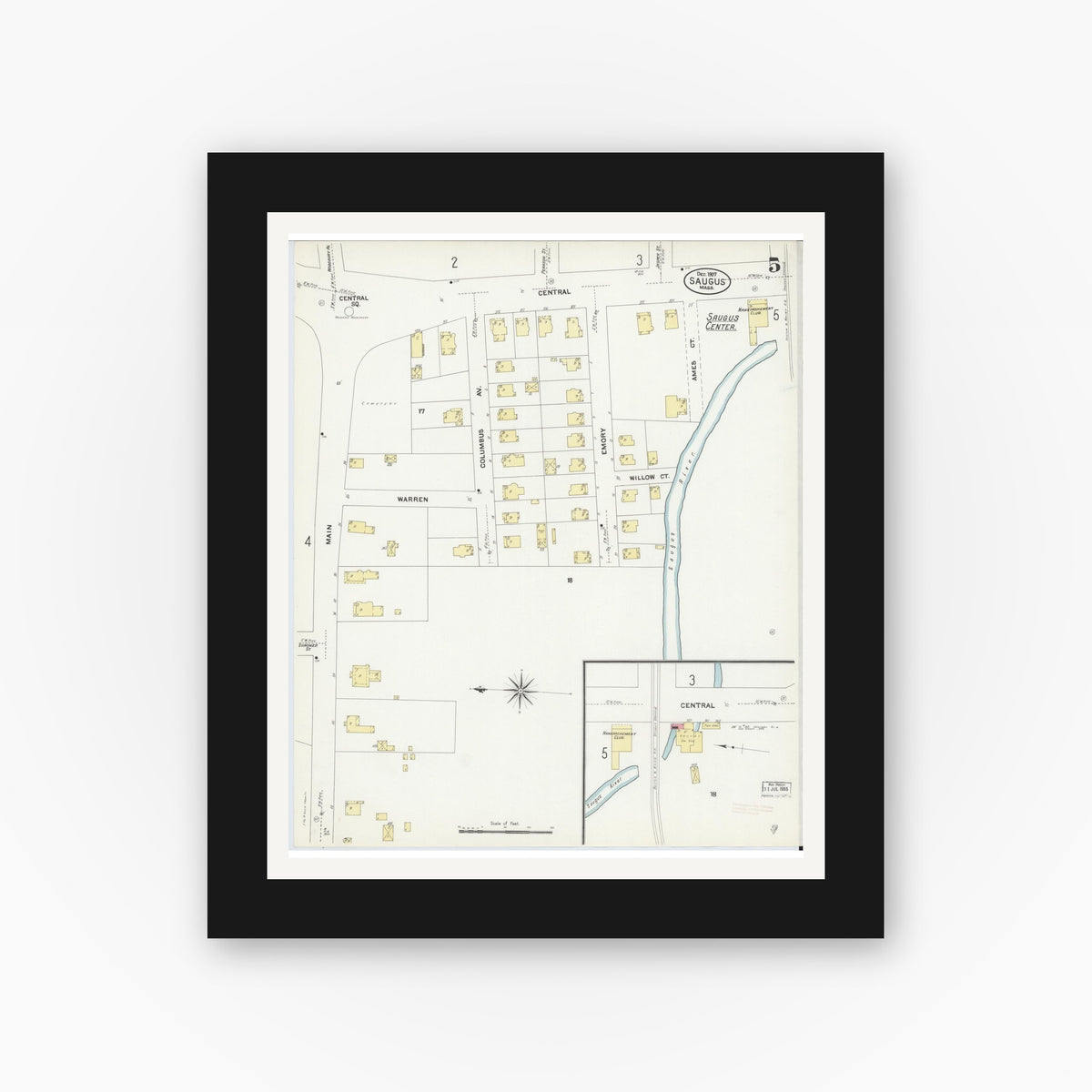 Old map wall art mockup — black gallery frame with white mat — Sanborn Fire Insurance Map from Saugus, Essex County, Massachusetts (1907), Sheet #0005