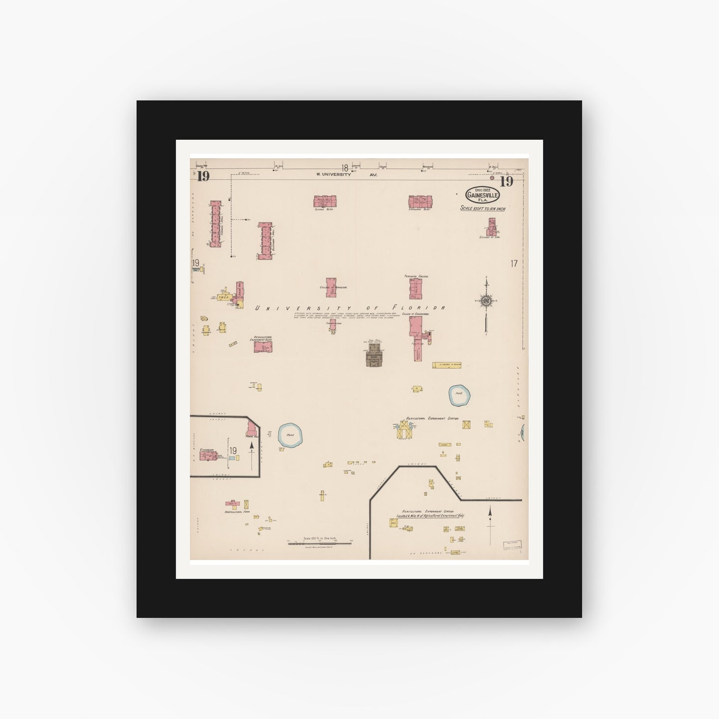 Old map wall art mockup — black gallery frame with white mat — Sanborn Fire Insurance Map from Gainesville, Alachua County, Florida (1922), Sheet #0019