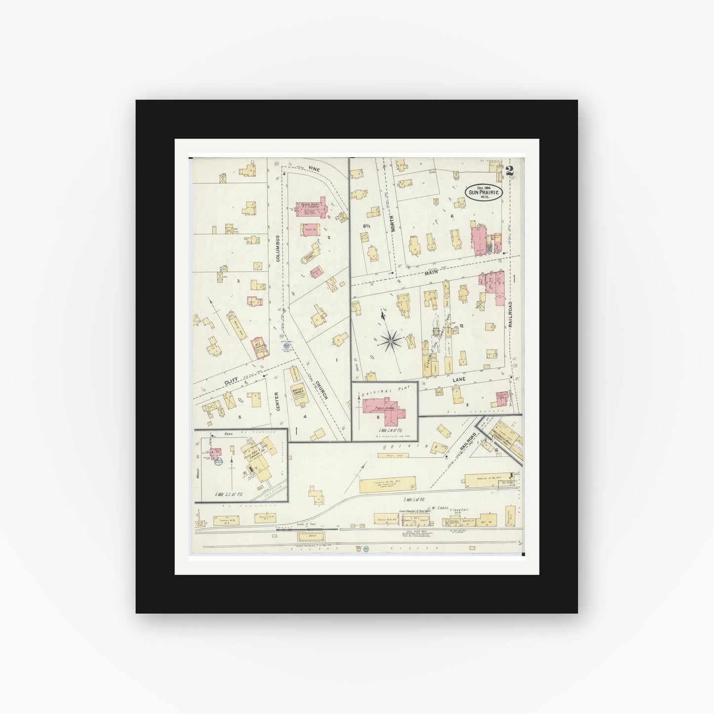 Old map wall art mockup — black gallery frame with white mat — Sanborn Fire Insurance Map from Sun Prairie, Dane County, Wisconsin (1905), Sheet #0002