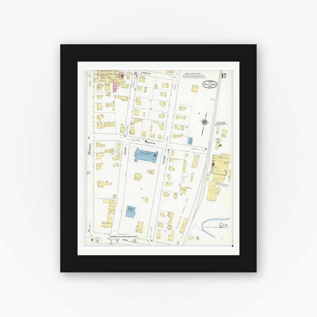 Old map wall art mockup — black gallery frame with white mat — Sanborn Fire Insurance Map from Milford, Worcester County, Massachusetts (1910), Sheet #0017