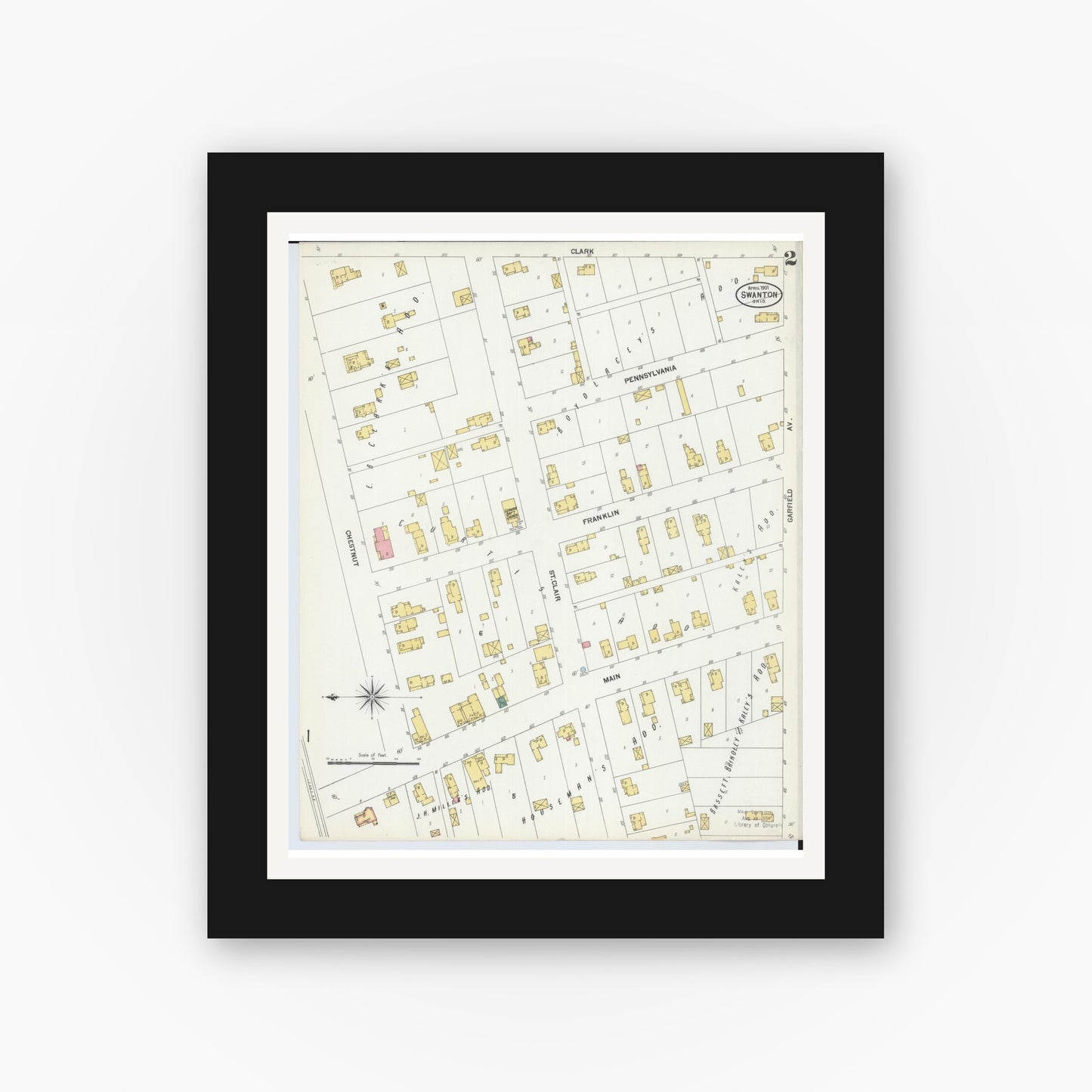 Old map wall art mockup — black gallery frame with white mat — Sanborn Fire Insurance Map from Swanton, Fulton County, Ohio (1901), Sheet #0002
