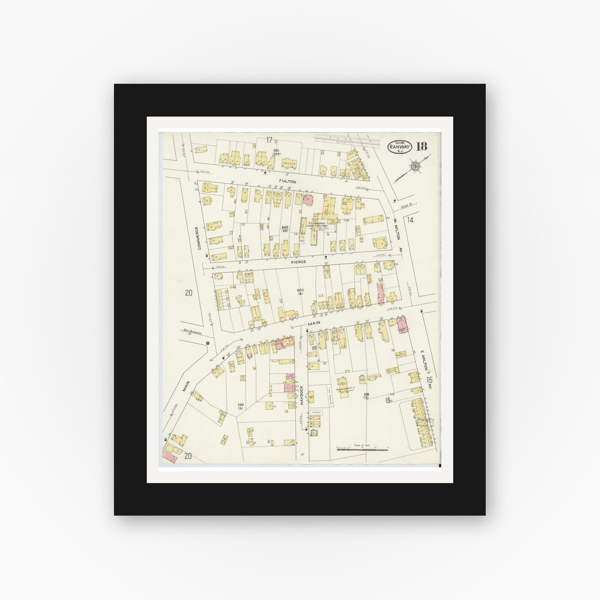 Old map wall art mockup — black gallery frame with white mat — Sanborn Fire Insurance Map from Rahway, Union County, New Jersey (1915), Sheet #0018