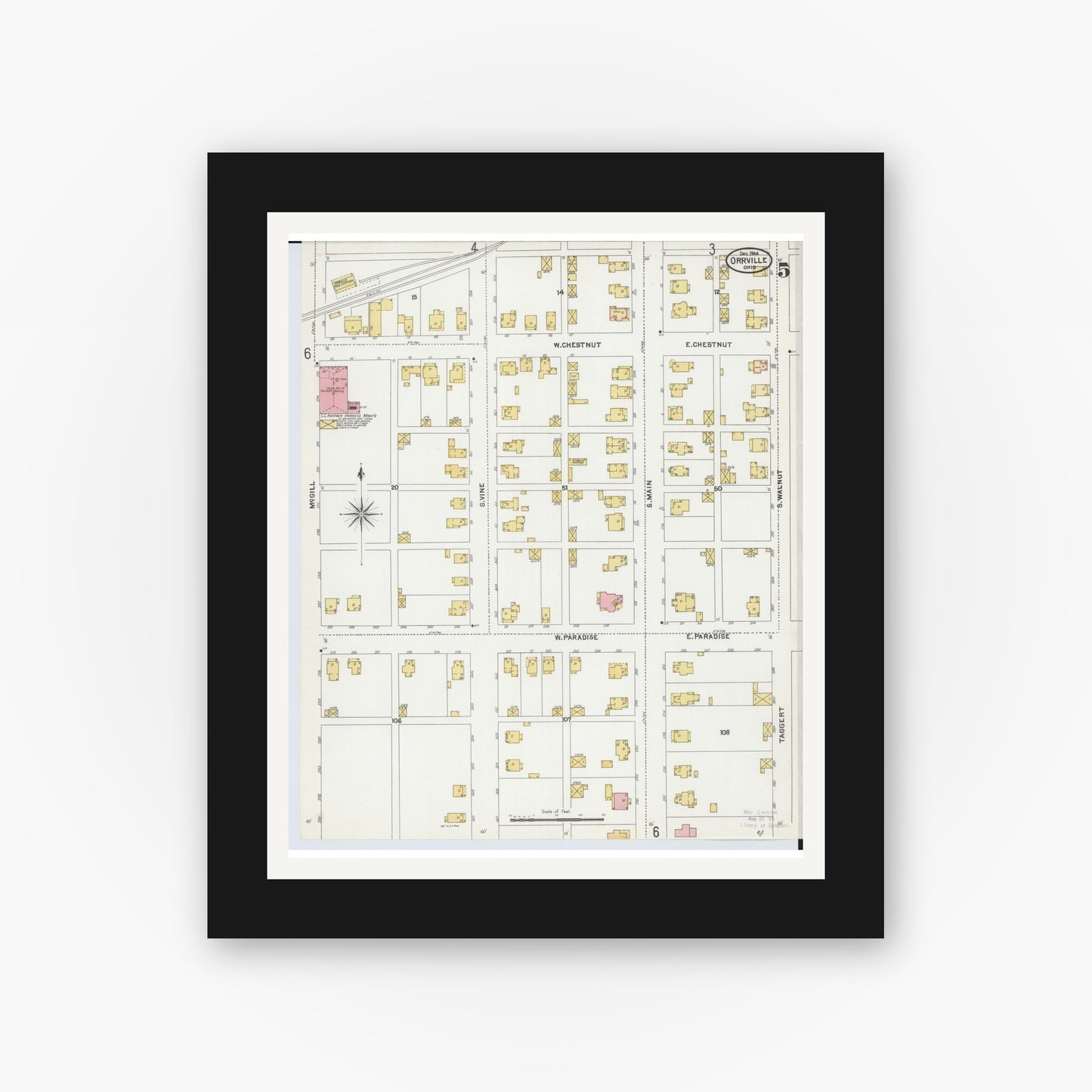 Old map wall art mockup — black gallery frame with white mat — Sanborn Fire Insurance Map from Orrville, Wayne County, Ohio (1904), Sheet #0005