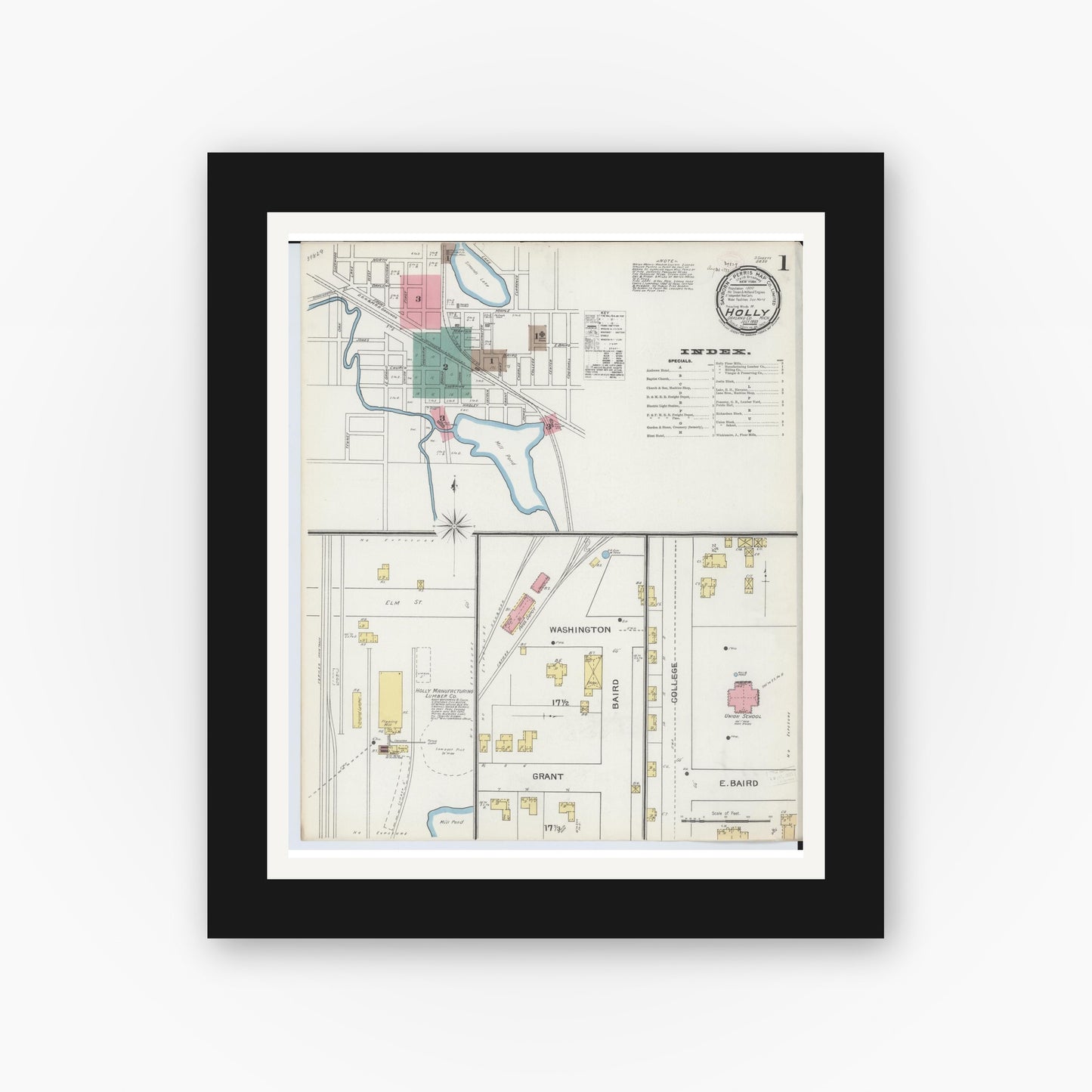 Old map wall art mockup β black gallery frame with white mat β Sanborn Fire Insurance Map from Holly, Oakland County, Michigan (1893) - Complete Map Set