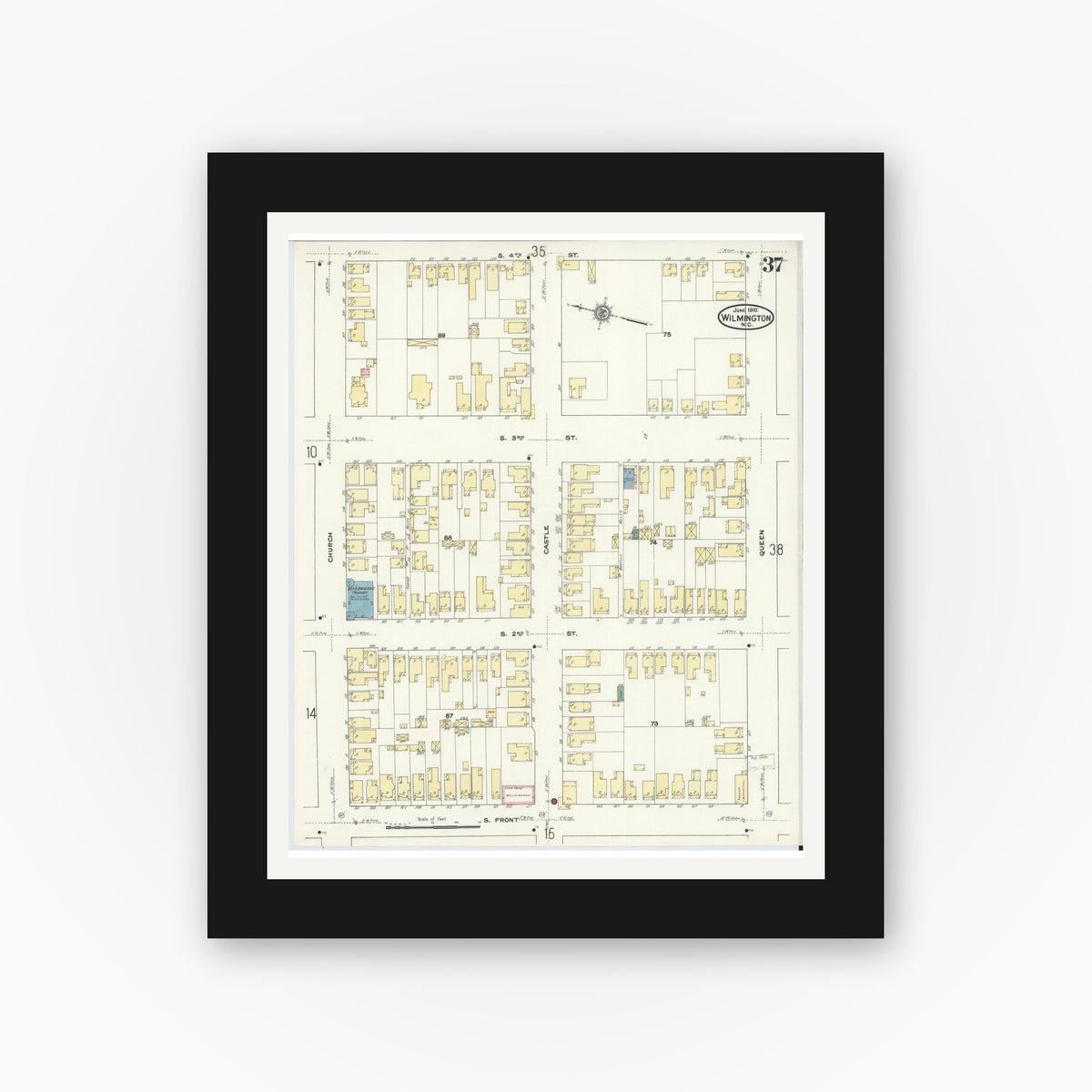 Old map wall art mockup — black gallery frame with white mat — Sanborn Fire Insurance Map from Wilmington, New Hanover County, North Carolina (1910), Sheet #0037