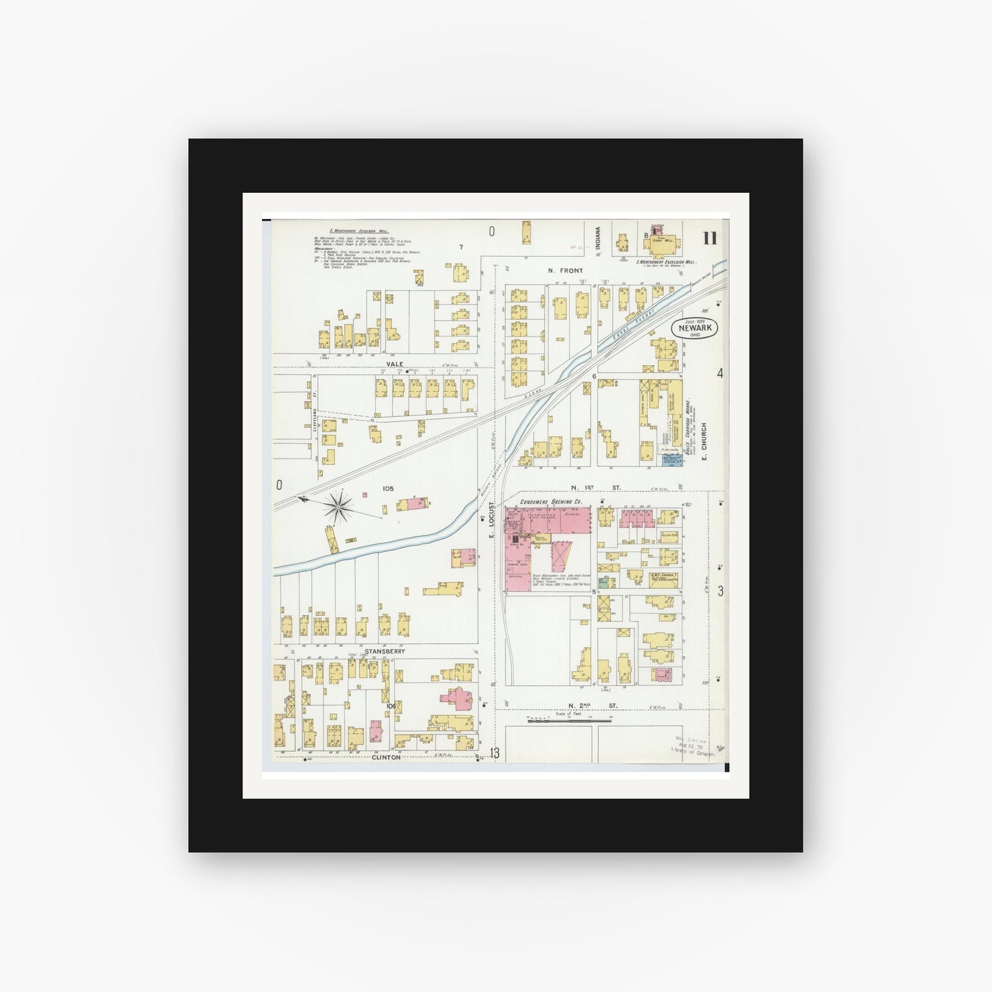Old map wall art mockup — black gallery frame with white mat — Sanborn Fire Insurance Map from Newark, Licking County, Ohio (1899), Sheet #0011