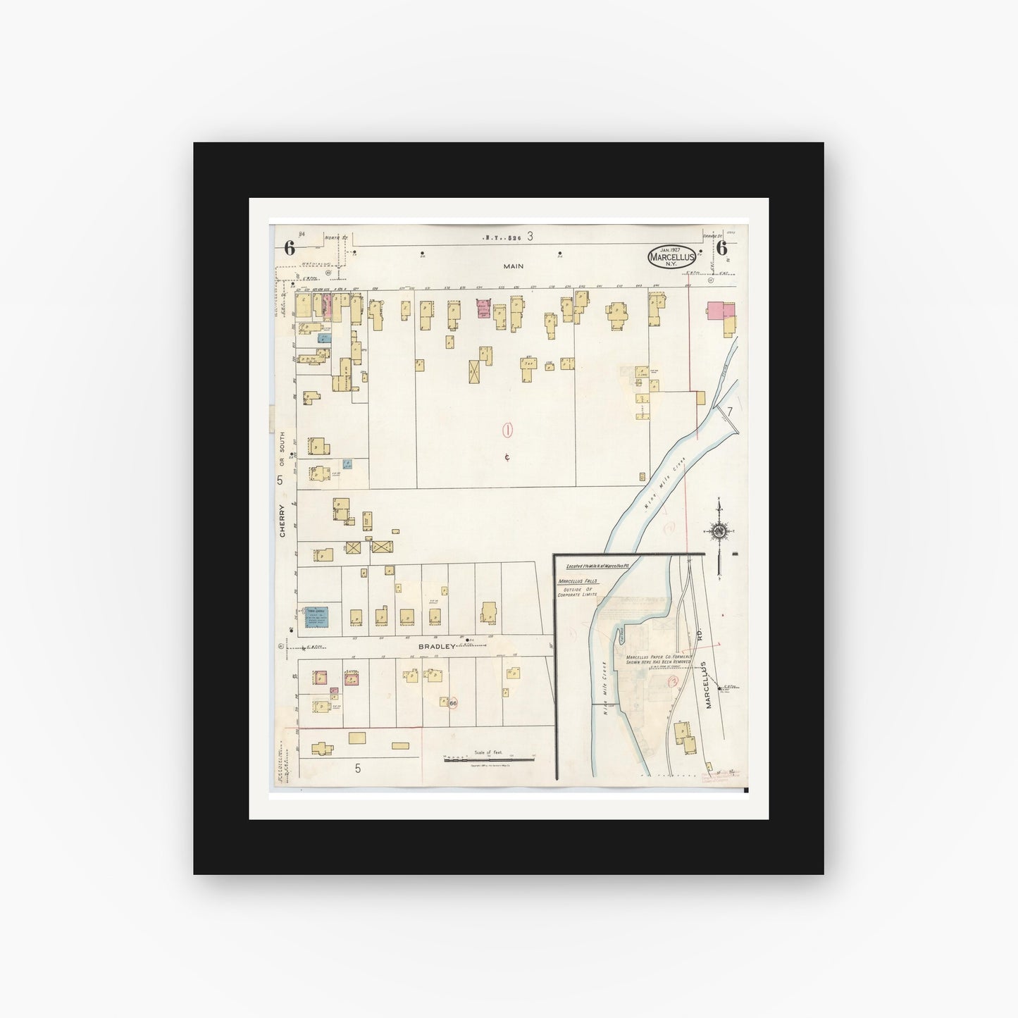 Old map wall art mockup — black gallery frame with white mat — Sanborn Fire Insurance Map from Marcellus, Onondaga County, New York (1937), Sheet #0006