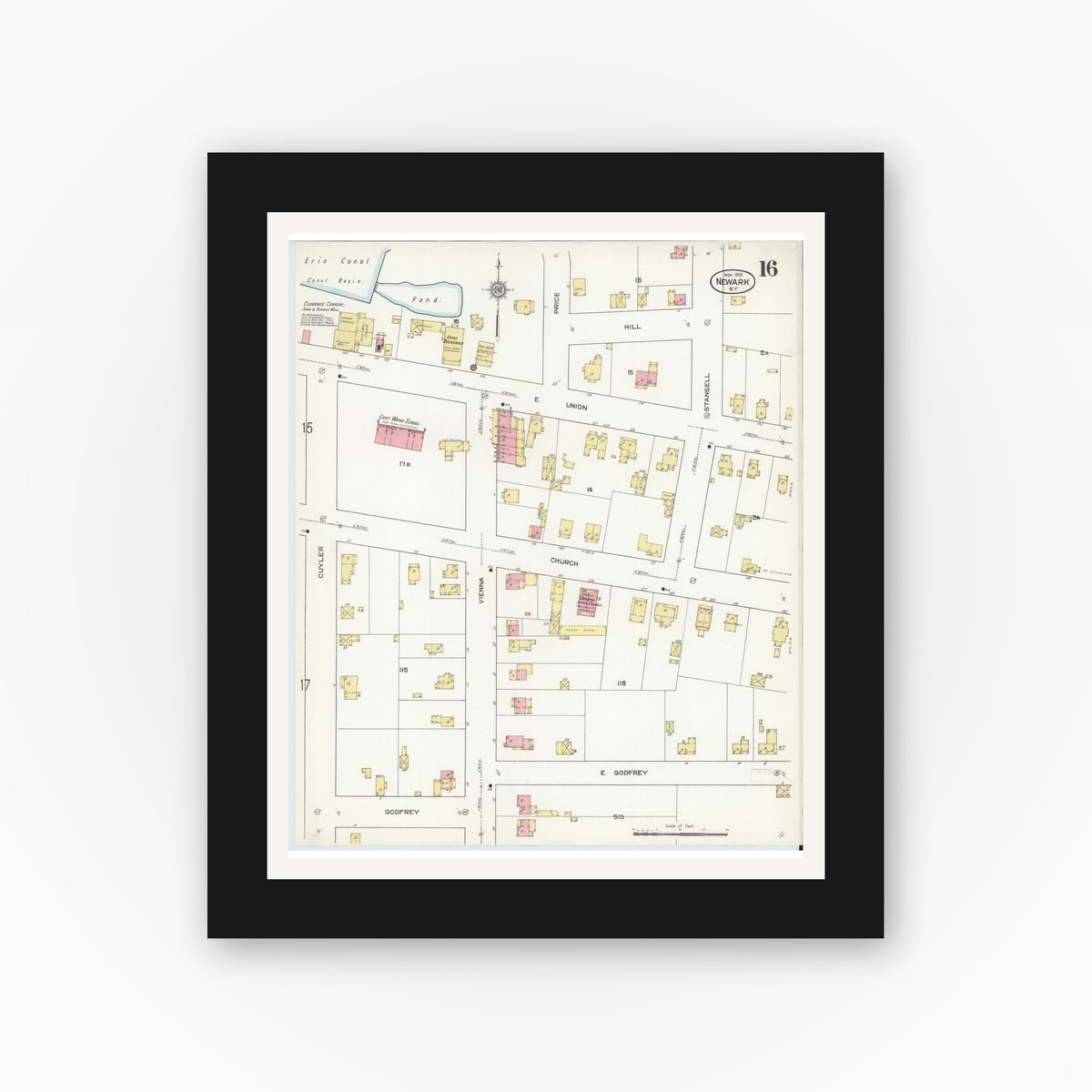 Old map wall art mockup — black gallery frame with white mat — Sanborn Fire Insurance Map from Newark, Wayne County, New York (1912), Sheet #0016