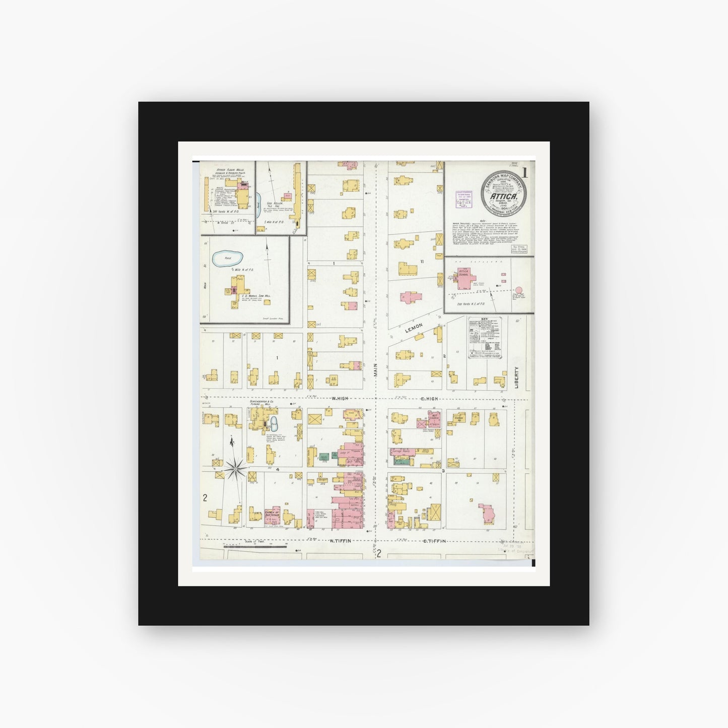 Old map wall art mockup — black gallery frame with white mat — Sanborn Fire Insurance Map from Attica, Seneca County, Ohio (1904) - Complete Map Set