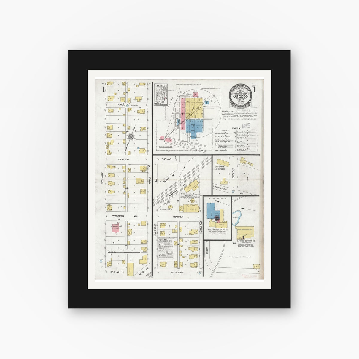 Old map wall art mockup — black gallery frame with white mat — Sanborn Fire Insurance Map from Osgood, Ripley County, Indiana (1927) - Complete Map Set