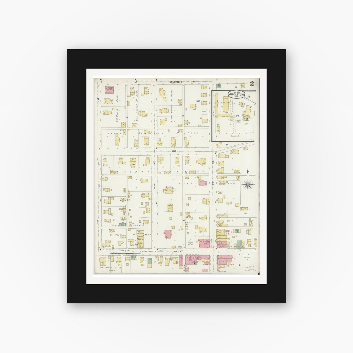 Old map wall art mockup — black gallery frame with white mat — Sanborn Fire Insurance Map from Middletown, Henry County, Indiana (1896), Sheet #0002