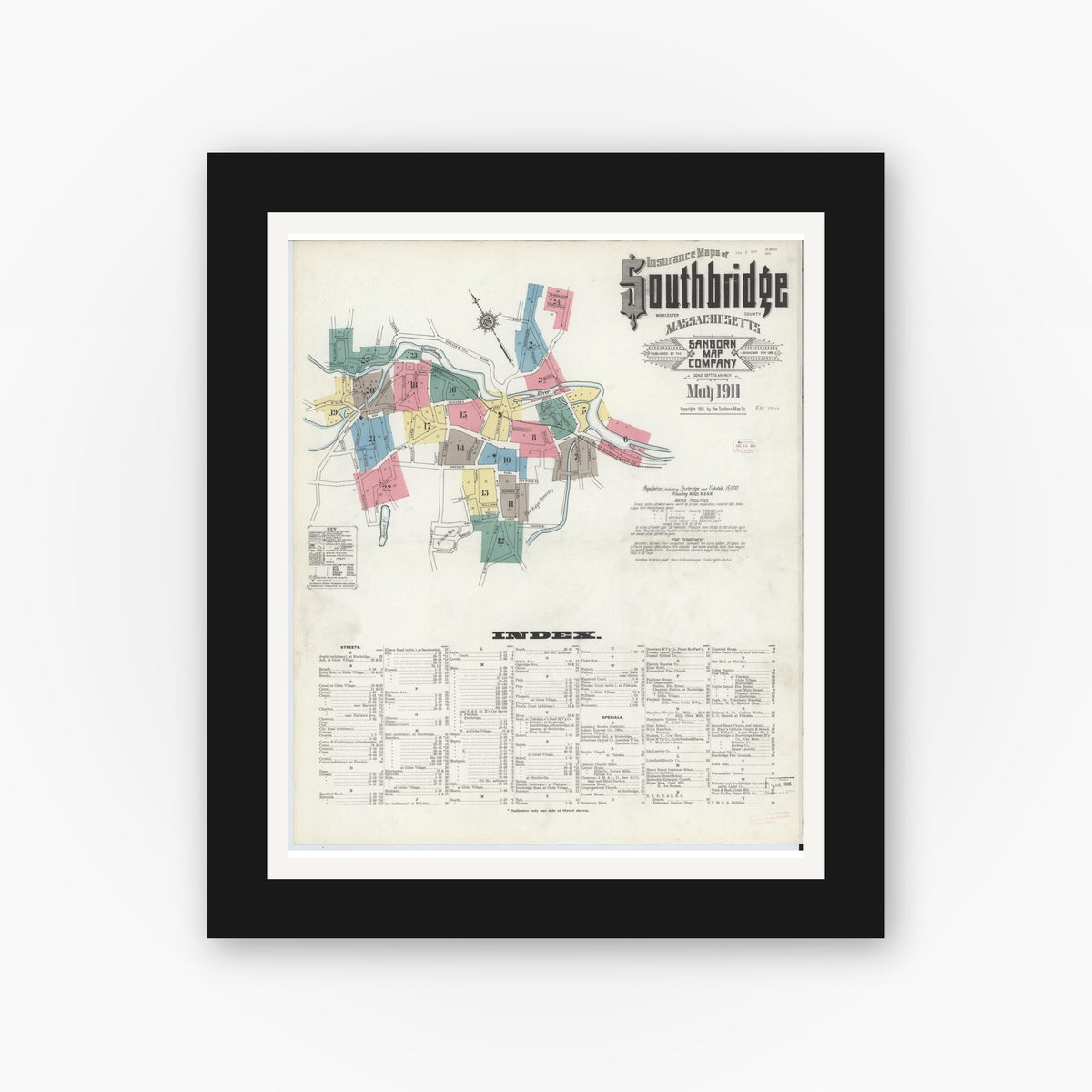 Old map wall art mockup — black gallery frame with white mat — Sanborn Fire Insurance Map from Southbridge, Worcester County, Massachusetts (1911) - Complete Map Set
