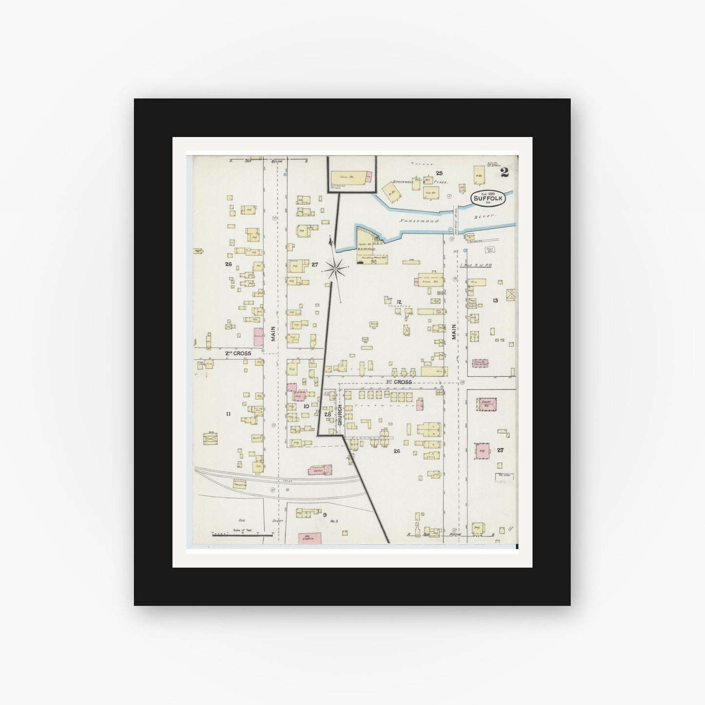 Old map wall art mockup — black gallery frame with white mat — Sanborn Fire Insurance Map from Suffolk, Independent Cities, Virginia (1889), Sheet #0002