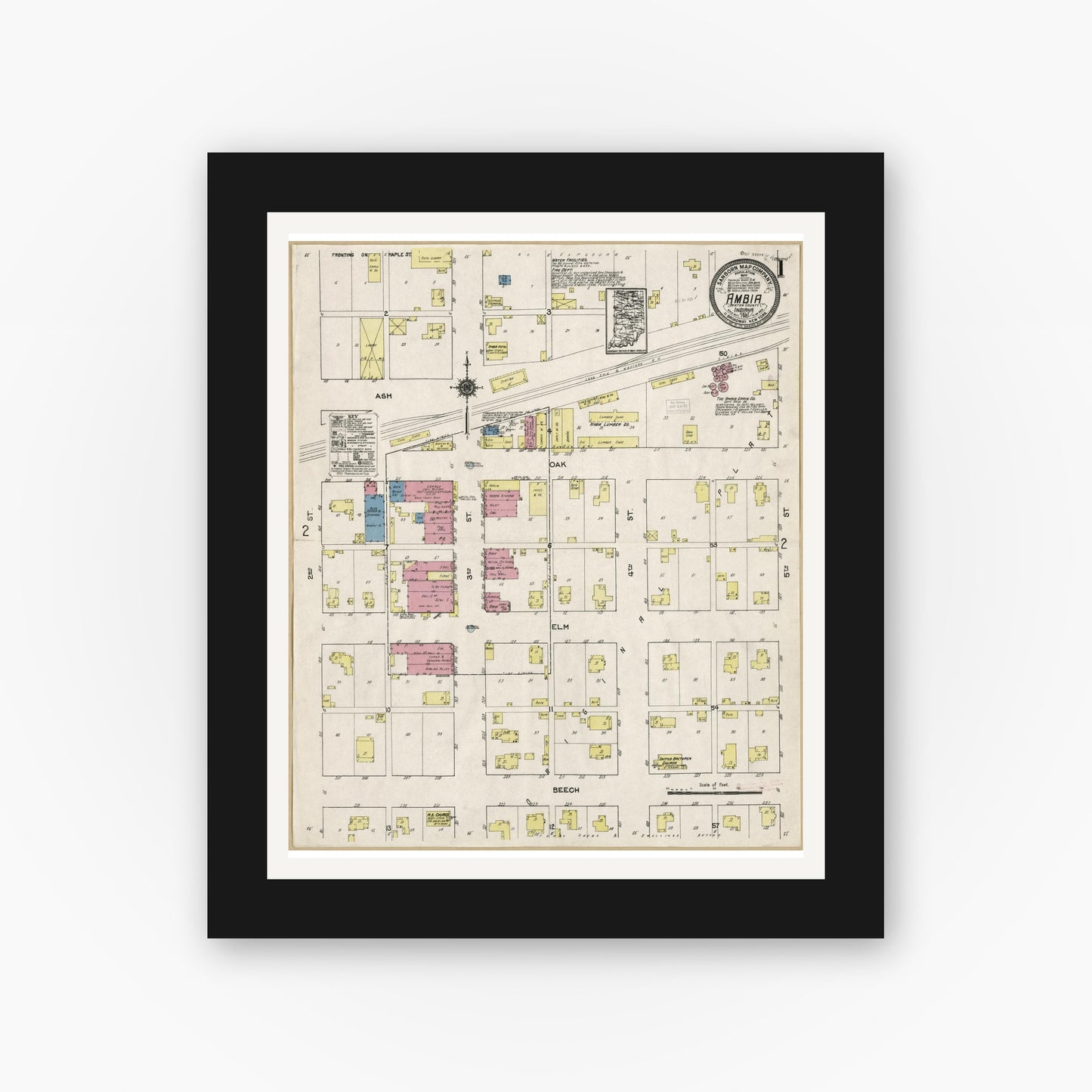 Old map wall art mockup — black gallery frame with white mat — Sanborn Fire Insurance Map from Ambia, Benton County, Indiana (1921), Sheet #0001