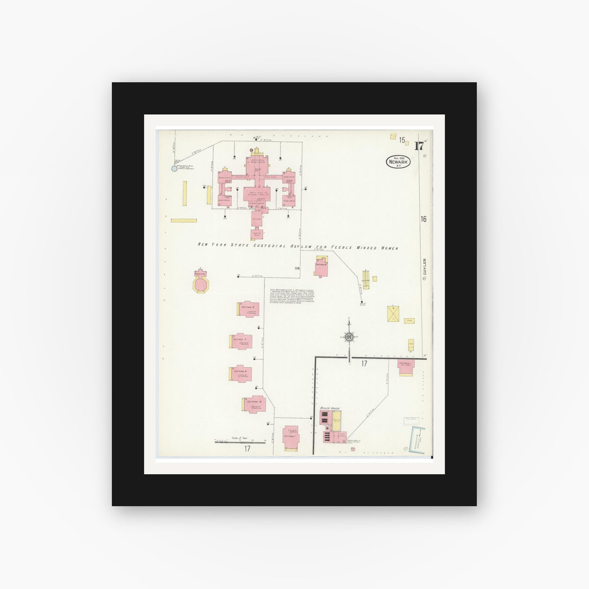 Old map wall art mockup — black gallery frame with white mat — Sanborn Fire Insurance Map from Newark, Wayne County, New York (1912), Sheet #0017
