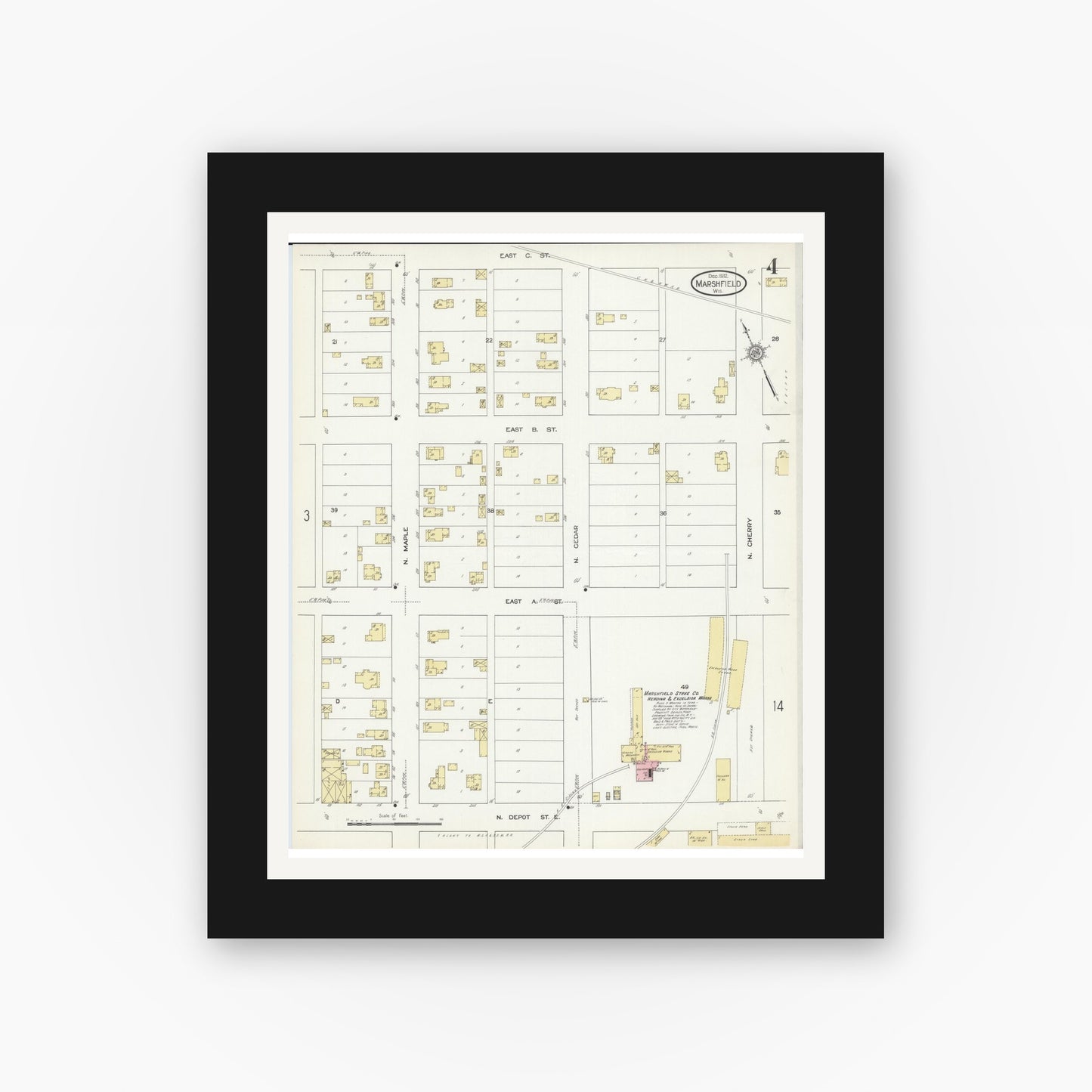 Old map wall art mockup — black gallery frame with white mat — Sanborn Fire Insurance Map from Marshfield, Wood County, Wisconsin (1912), Sheet #0004
