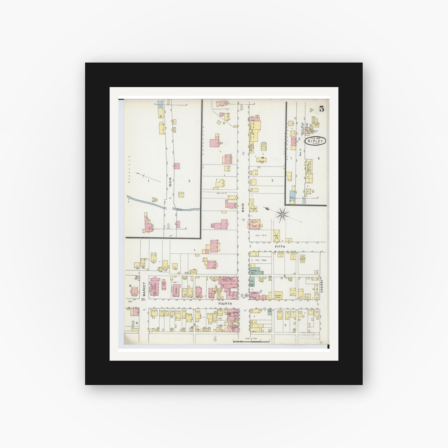 Old map wall art mockup — black gallery frame with white mat — Sanborn Fire Insurance Map from Ripley, Brown County, Ohio (1895), Sheet #0005