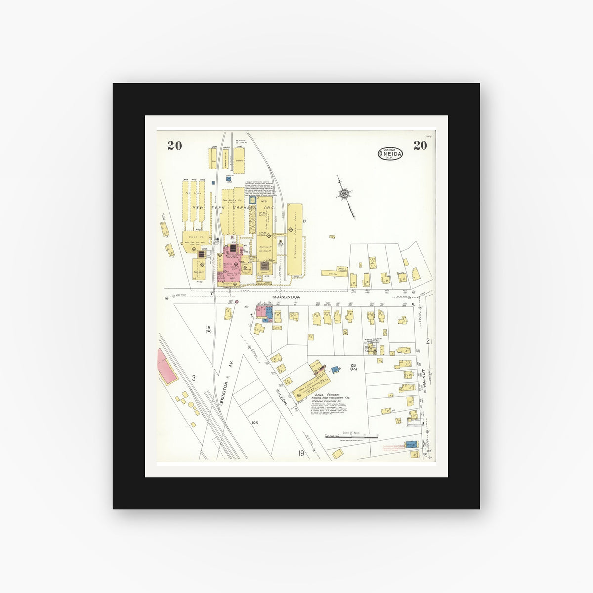 Old map wall art mockup — black gallery frame with white mat — Sanborn Fire Insurance Map from Oneida, Madison County, New York (1923), Sheet #0020