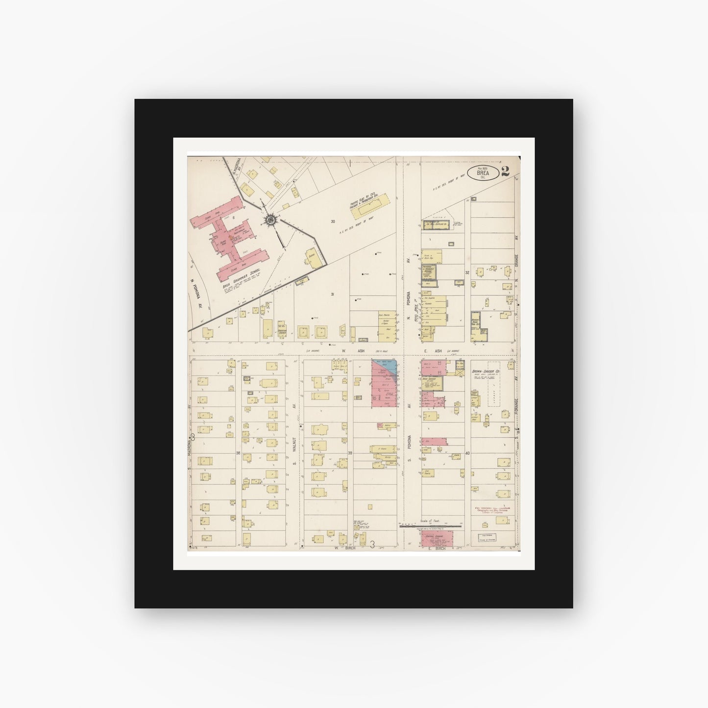 Old map wall art mockup — black gallery frame with white mat — Sanborn Fire Insurance Map from Brea, Orange County, California (1920), Sheet #0002