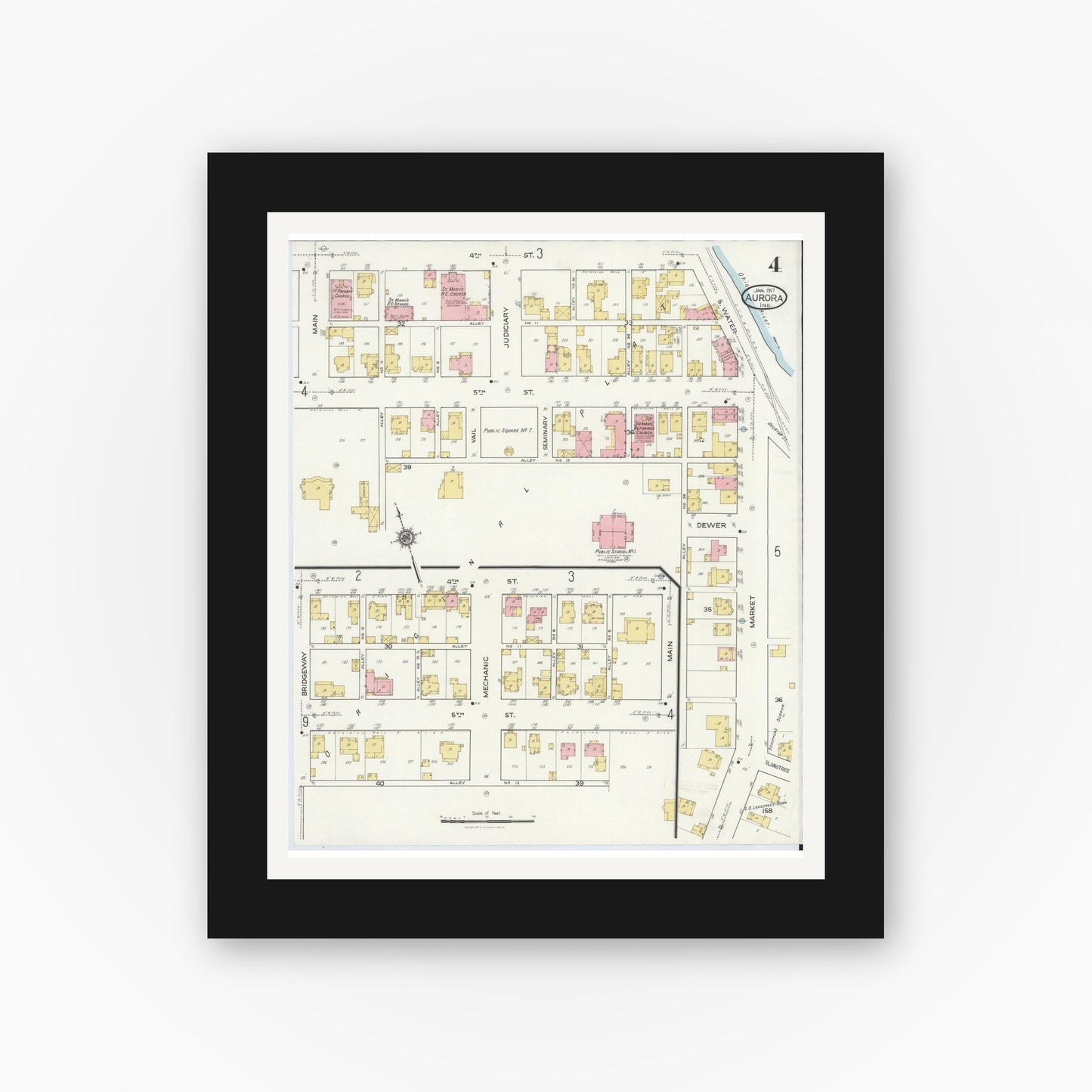 Old map wall art mockup — black gallery frame with white mat — Sanborn Fire Insurance Map from Aurora, Dearborn County, Indiana (1917), Sheet #0004