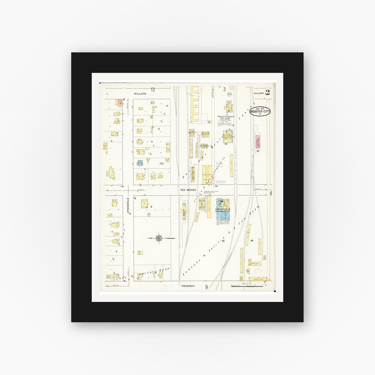 Old map wall art mockup — black gallery frame with white mat — Sanborn Fire Insurance Map from Webster City, Hamilton County, Iowa (1915), Sheet #0002