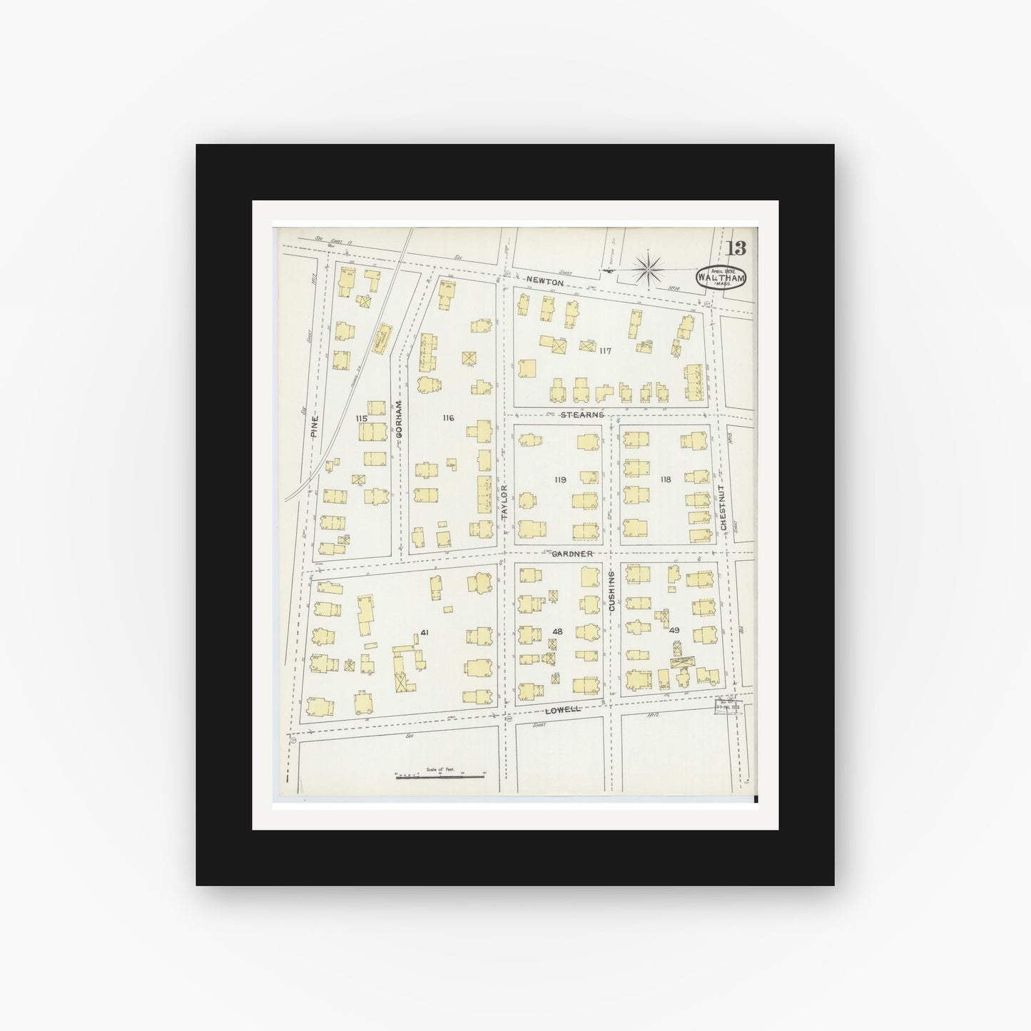 Old map wall art mockup — black gallery frame with white mat — Sanborn Fire Insurance Map from Waltham, Middlesex County, Massachusetts (1892), Sheet #0013