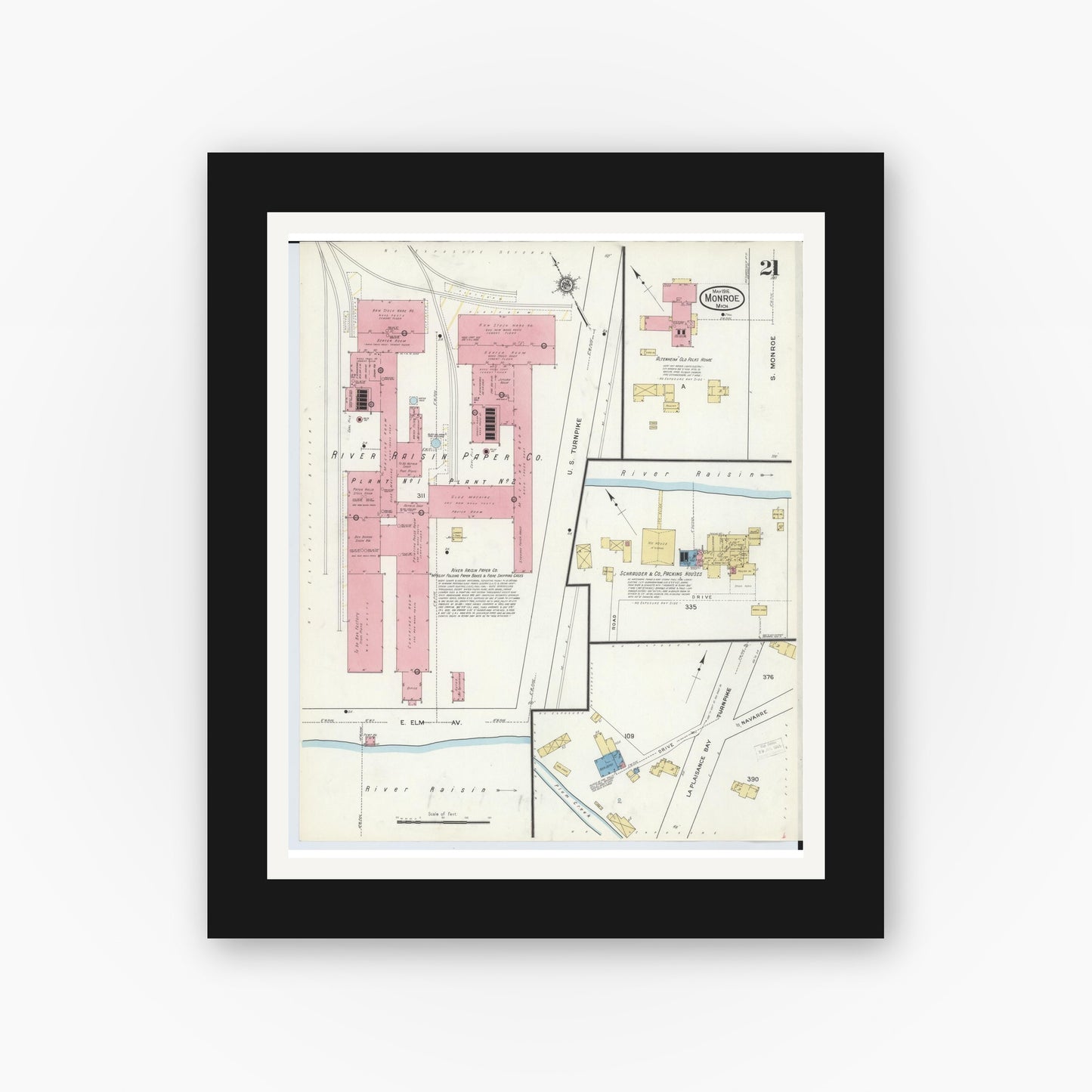Old map wall art mockup — black gallery frame with white mat — Sanborn Fire Insurance Map from Monroe, Monroe County, Michigan (1916), Sheet #0021