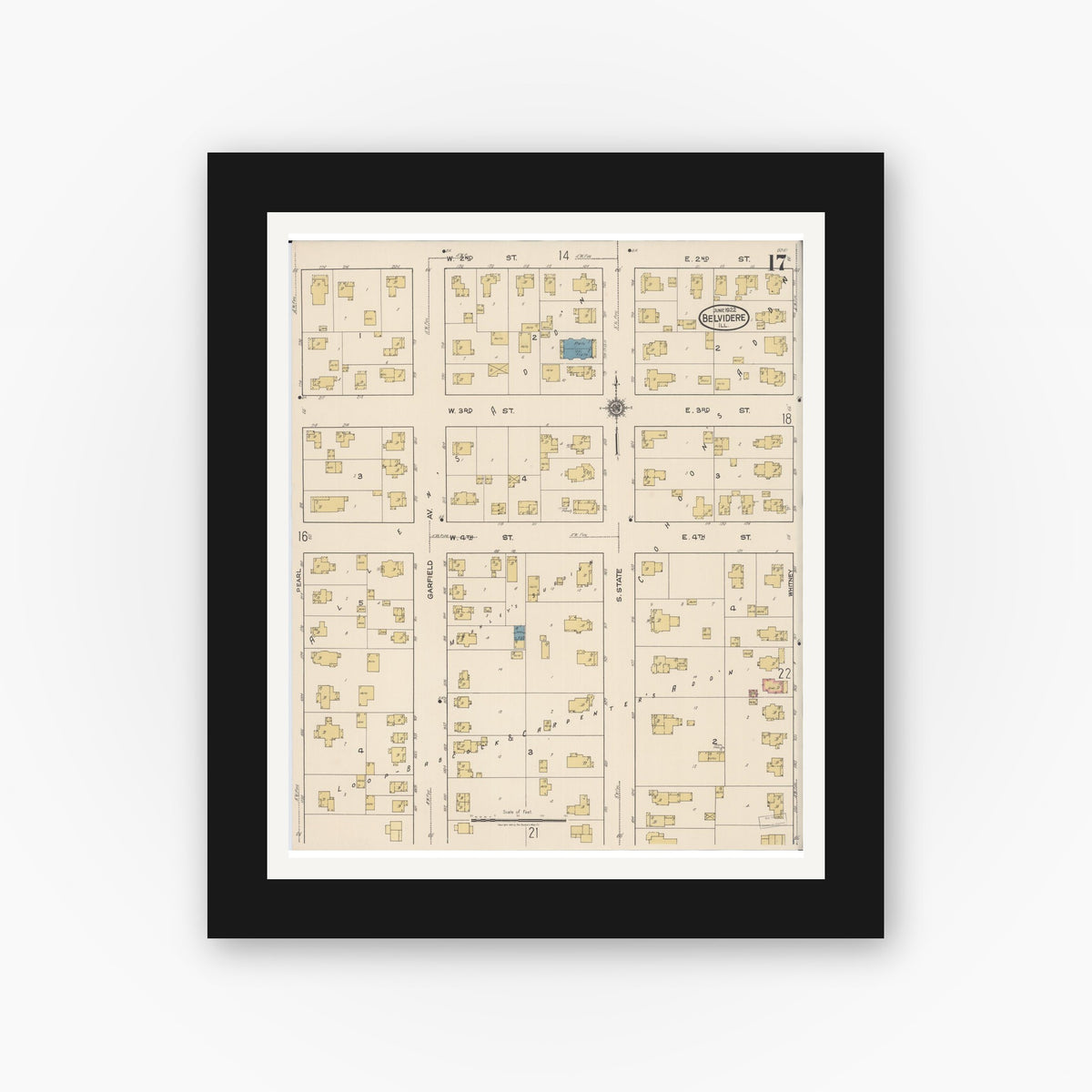 Old map wall art mockup — black gallery frame with white mat — Sanborn Fire Insurance Map from Belvidere, Boone County, Illinois (1922), Sheet #0017