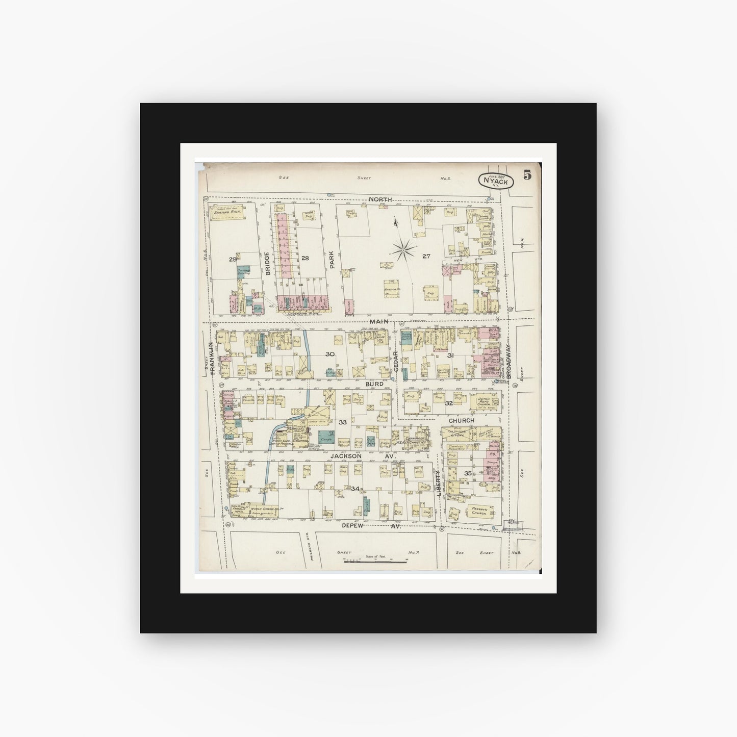 Old map wall art mockup — black gallery frame with white mat — Sanborn Fire Insurance Map from Nyack, Rockland County, New York. (1887), Sheet #0005