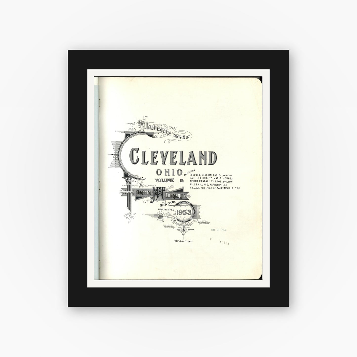 Old map wall art mockup — black gallery frame with white mat — Sanborn Fire Insurance Map from Cleveland, Cuyahoga County, Ohio (1953), Sheet #0001