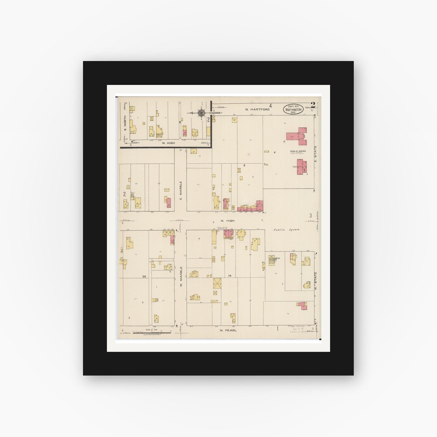 Old map wall art mockup — black gallery frame with white mat — Sanborn Fire Insurance Map from Worthington, Franklin County, Ohio (1922), Sheet #0002
